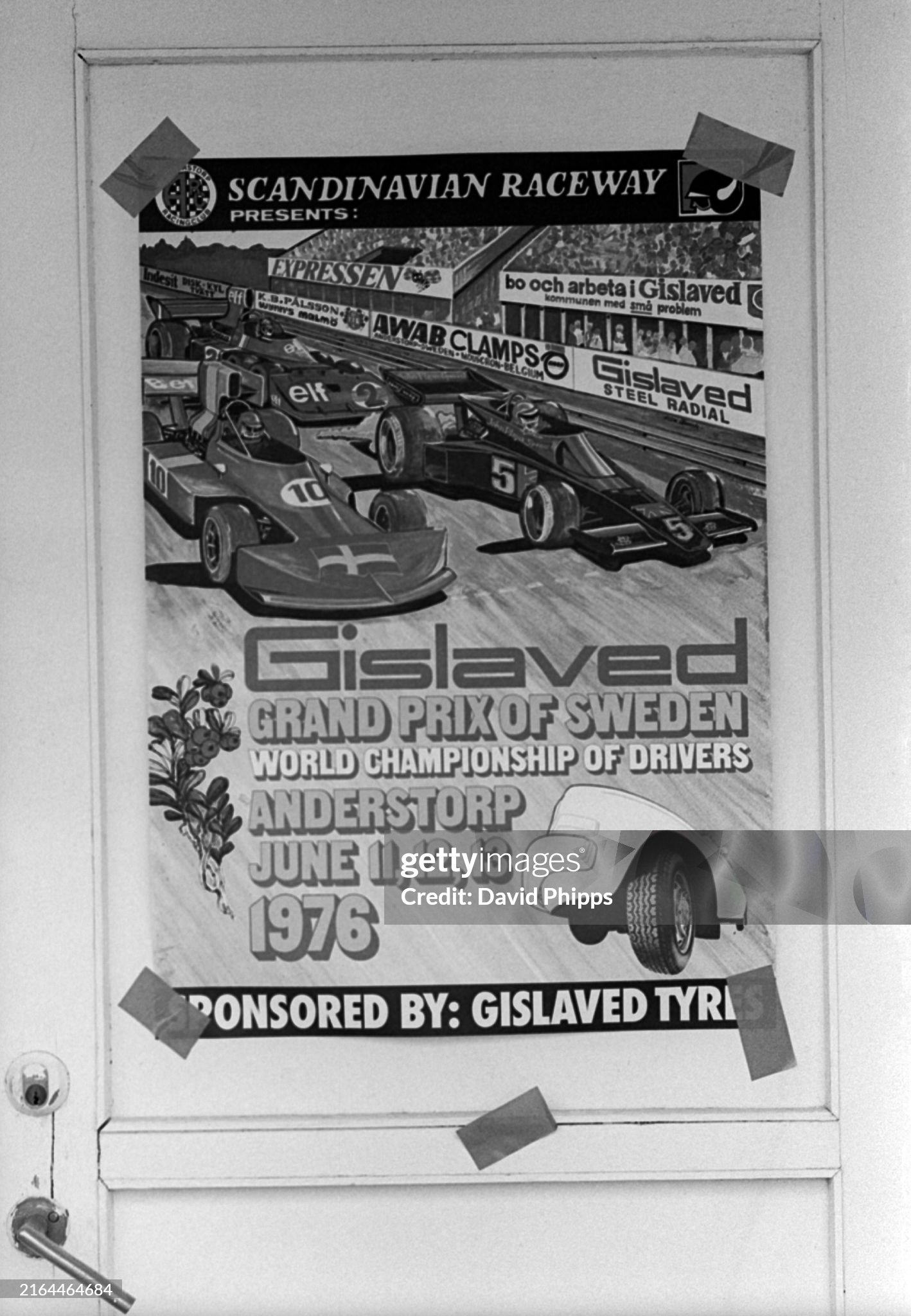 A poster on a door for the Grand Prix of Sweden in Anderstorp on 13 June 1976. 