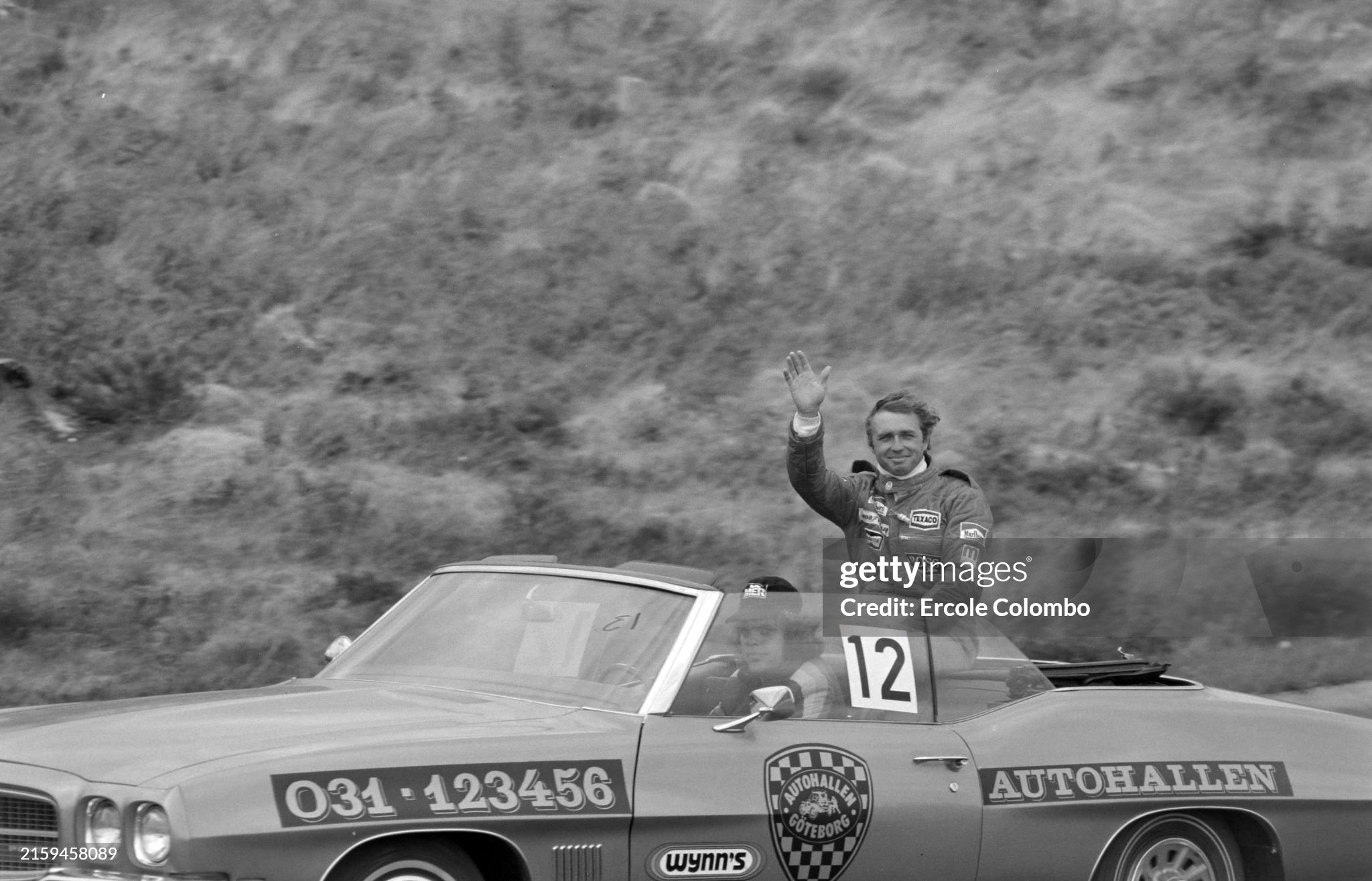 Jochen Mass on the drivers' parade during the Swedish Grand Prix at Anderstorp Raceway on 13 June 1976. 