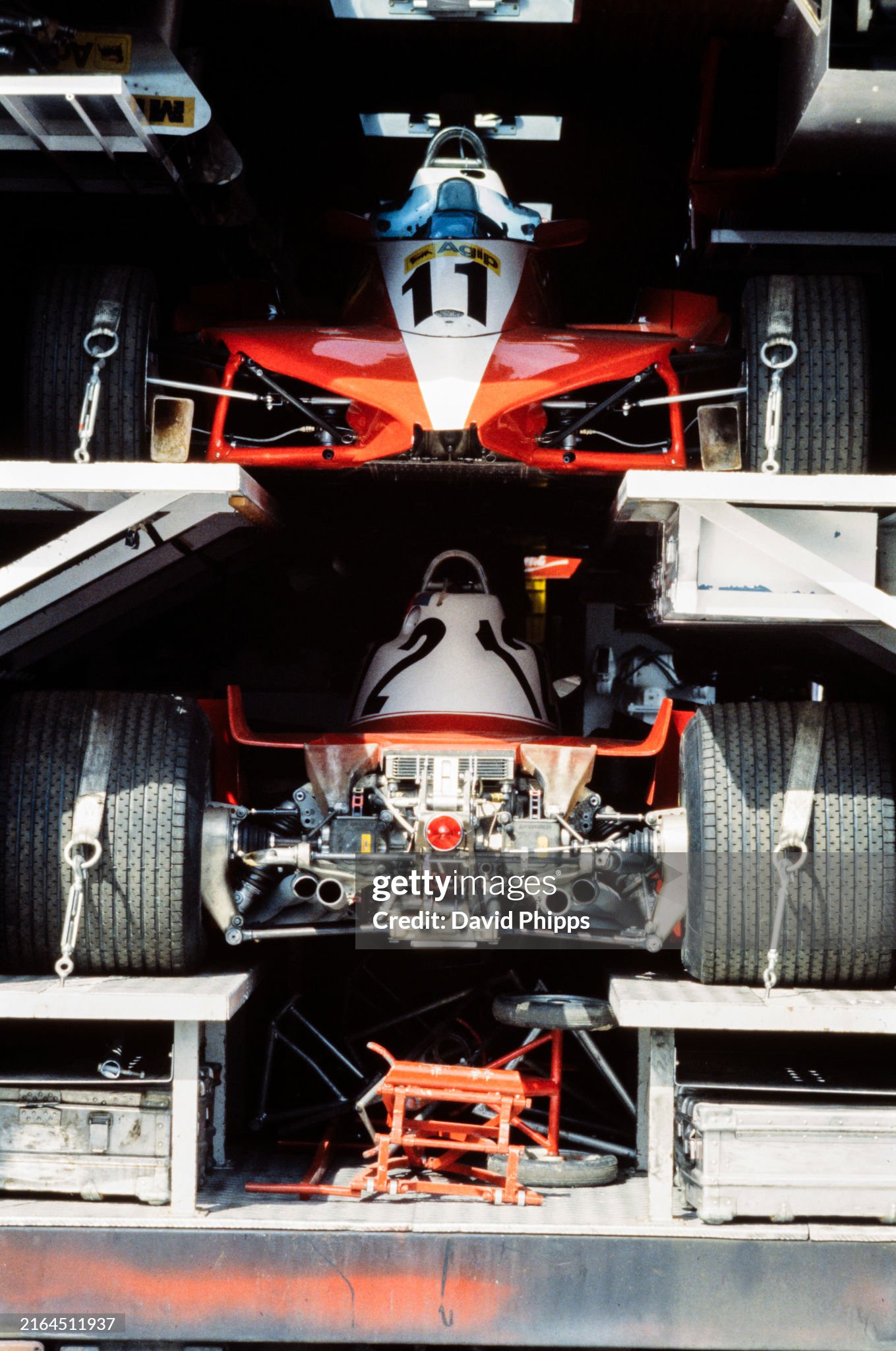 The Ferrari 312T3 cars of Carlos Reutemann and Gilles Villeneuve in the team's transporter during the Swedish Grand Prix at Anderstorp on 17 June 1978. 