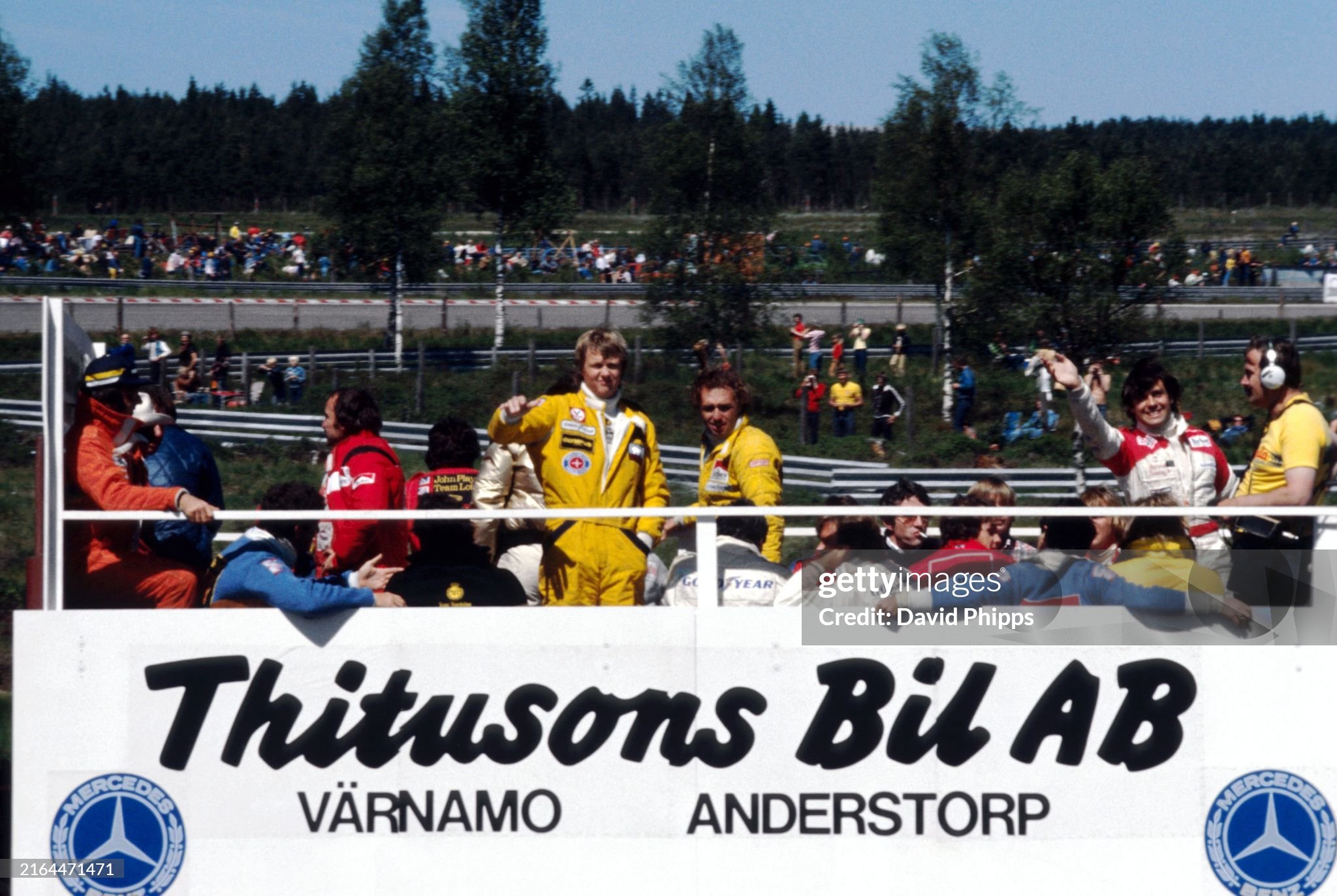 The drivers take part in a pre-race drivers’ parade around the circuit. Local hero Ronnie Peterson, Lotus, waves to the crowd, as does Patrick Tambay, McLaren, before the Swedish Grand Prix at Anderstorp on 17 June 1978. 