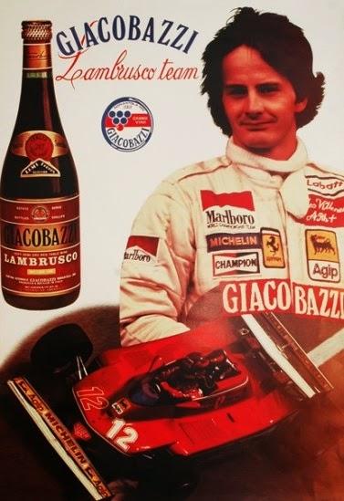 A poster with Gilles Villeneuve, his Ferrari and a bottle of Lambrusco.