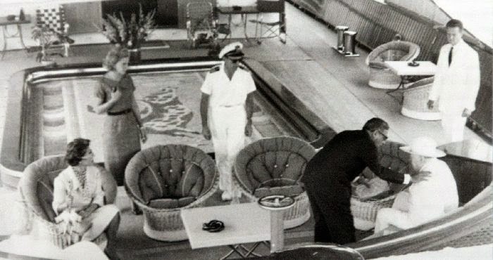 Aristotle Onassis aboard his yacht 'Christina' with Winston Churchill.