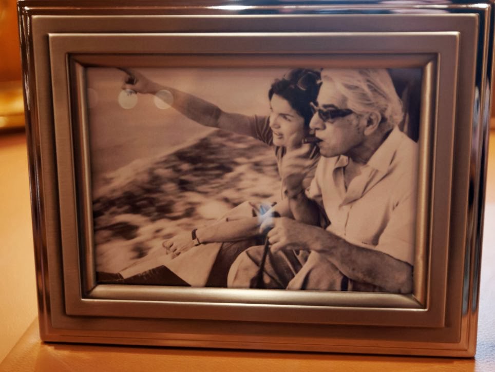 A photograph of Aristotle Onassis and his wife Jackie on the yacht 'Christina'.