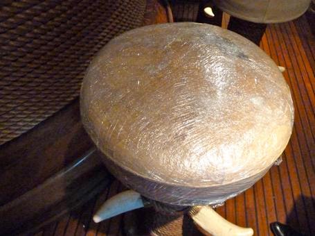 The Christina's stools, now they have been wrapped with textile covers for protection.