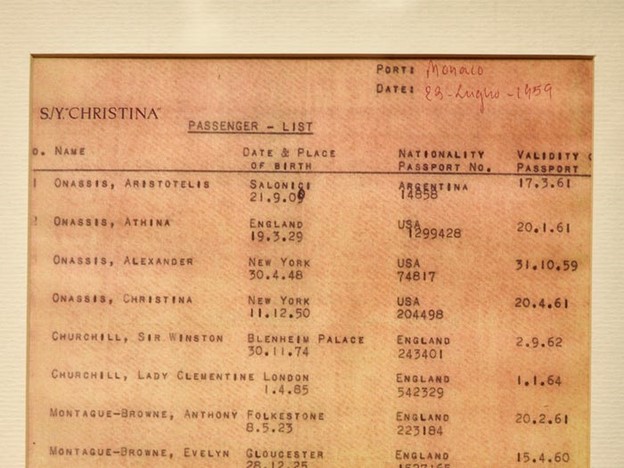 Sir Winston and Lady Clementine Churchill on a list of passengers, including the Onassis family. 