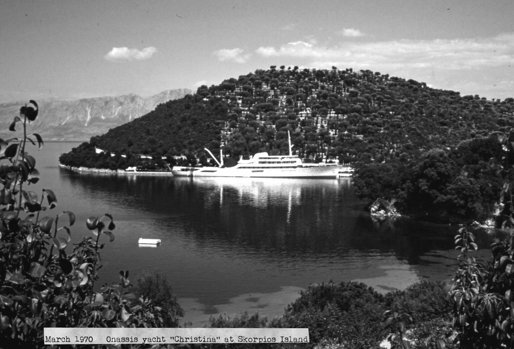 Onassis’ yacht Christina at Skorpios island in March 1970.