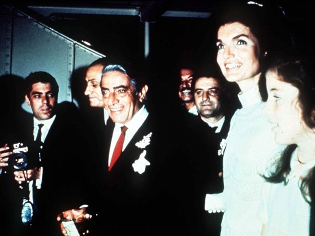 Aristotle Onassis (center), Jackie Kennedy Onassis (center right) and her daughter Caroline Kennedy (far right). 