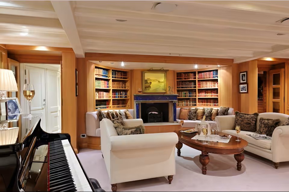 The Lapis Lounge with its lapis lazuli fireplace.