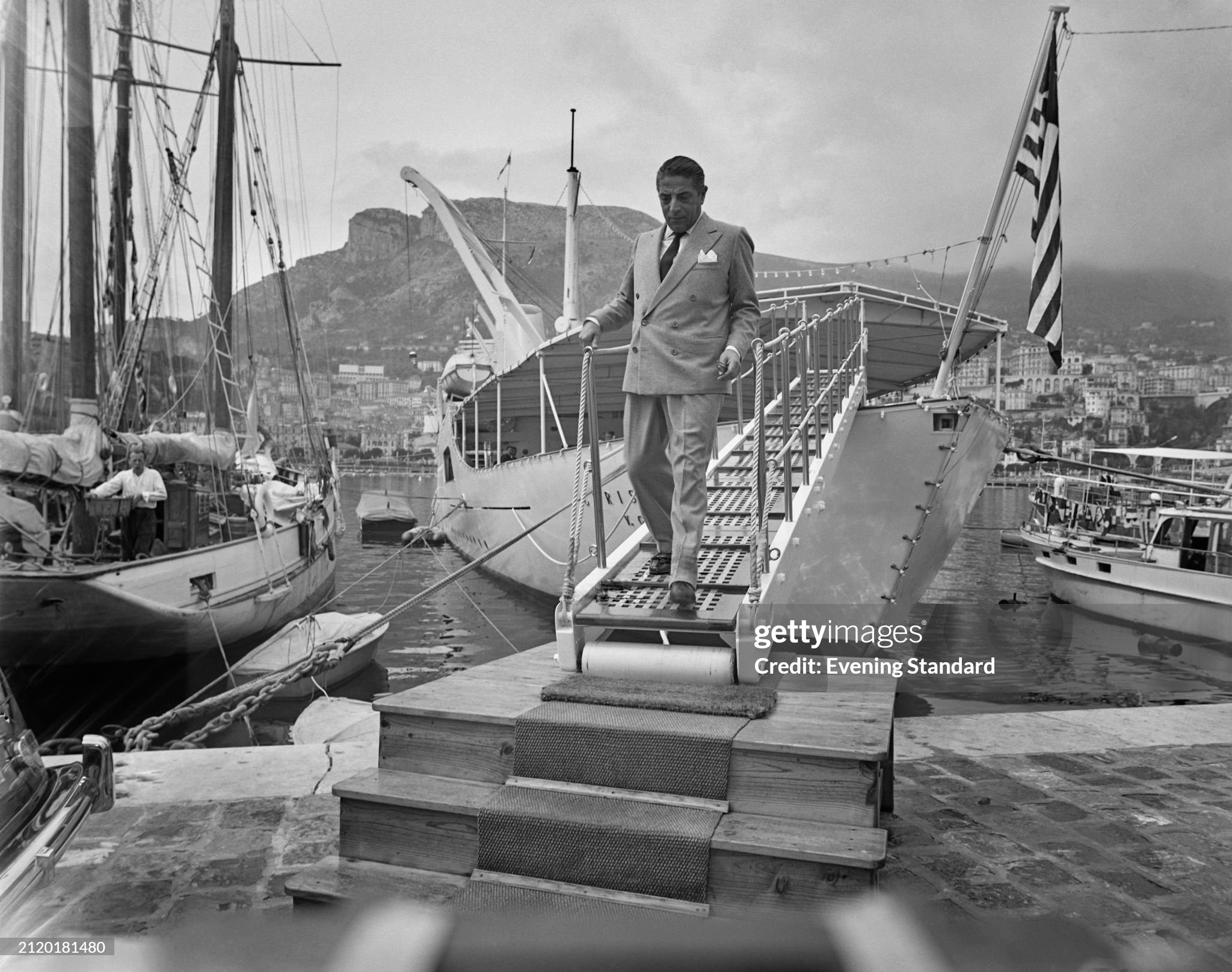 Aristotle Onassis in Monaco on 20 April 1956 to attend the wedding of Grace Kelly and Prince Rainier. 