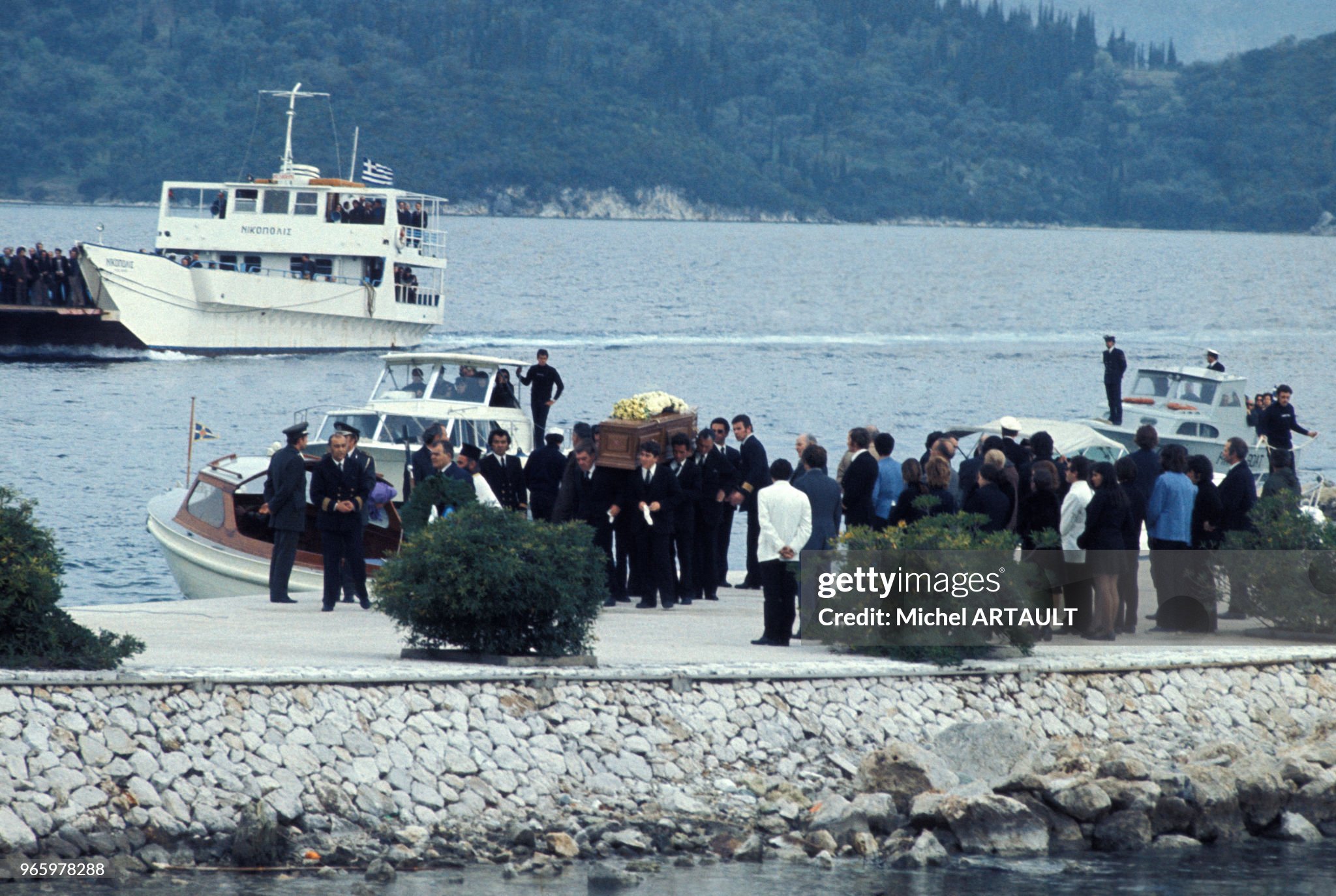 Funeral of Aristotle Onassis on the island of Skorpios on 18 March 1975. 