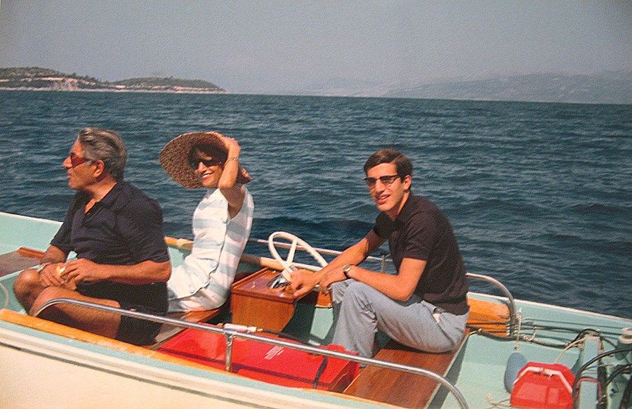 Aristotle Onassis, his sister and his son Alexander cruising along the Ionian sea in September 1966.