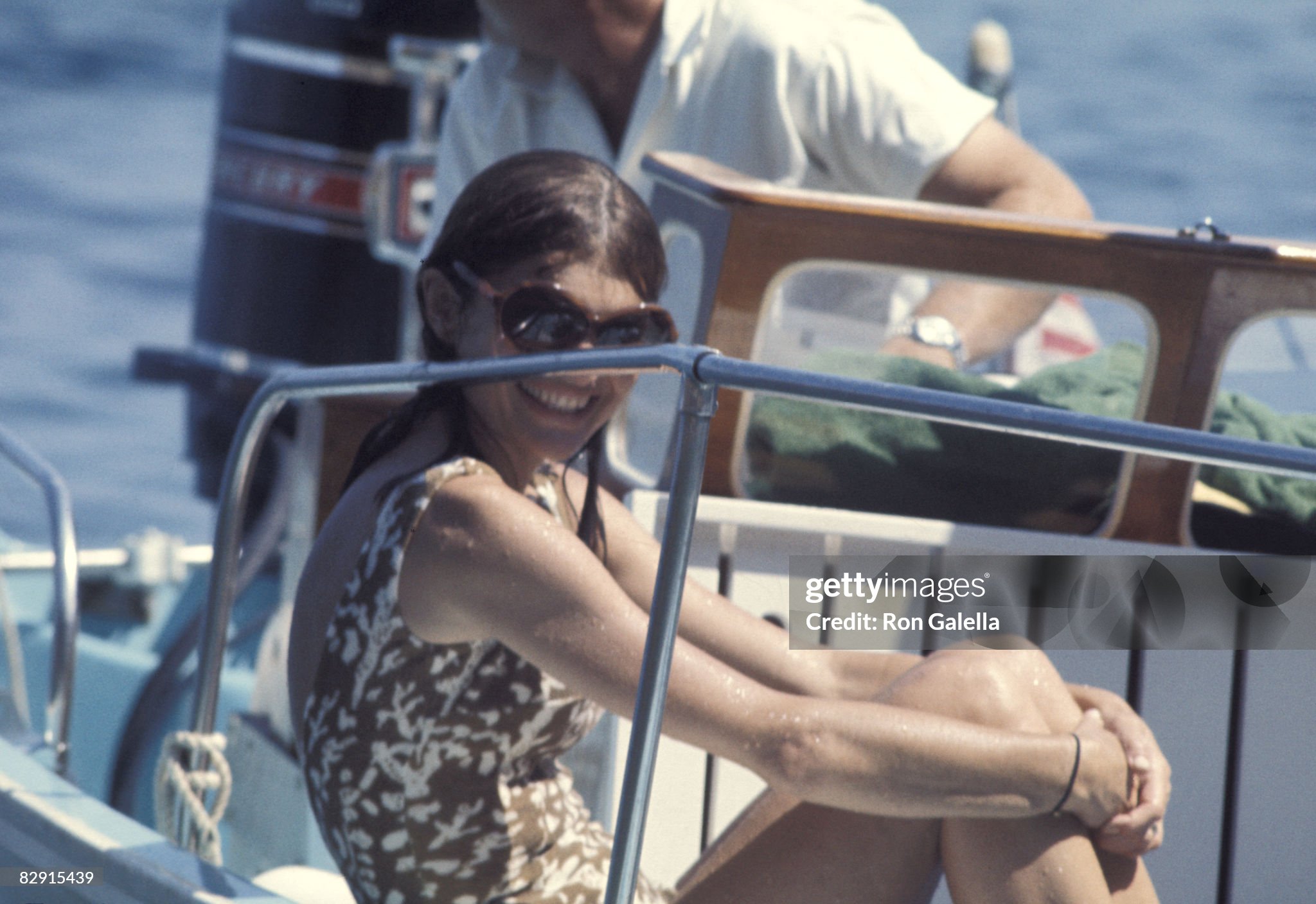 Jackie Onassis in a bathing suit on a boat off the isle of Skorpios on 25 August 1970. 