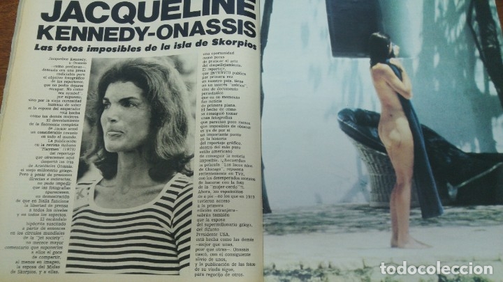 A magazine article and photos of Jackie Onassis caught naked by paparazzi cameras on the island of Skorpios in the summer of 1971.
