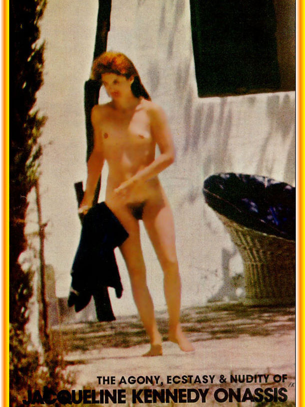 A magazine cover featuring a photo of Jackie Onassis caught naked by paparazzi cameras on the island of Skorpios in the summer of 1971.