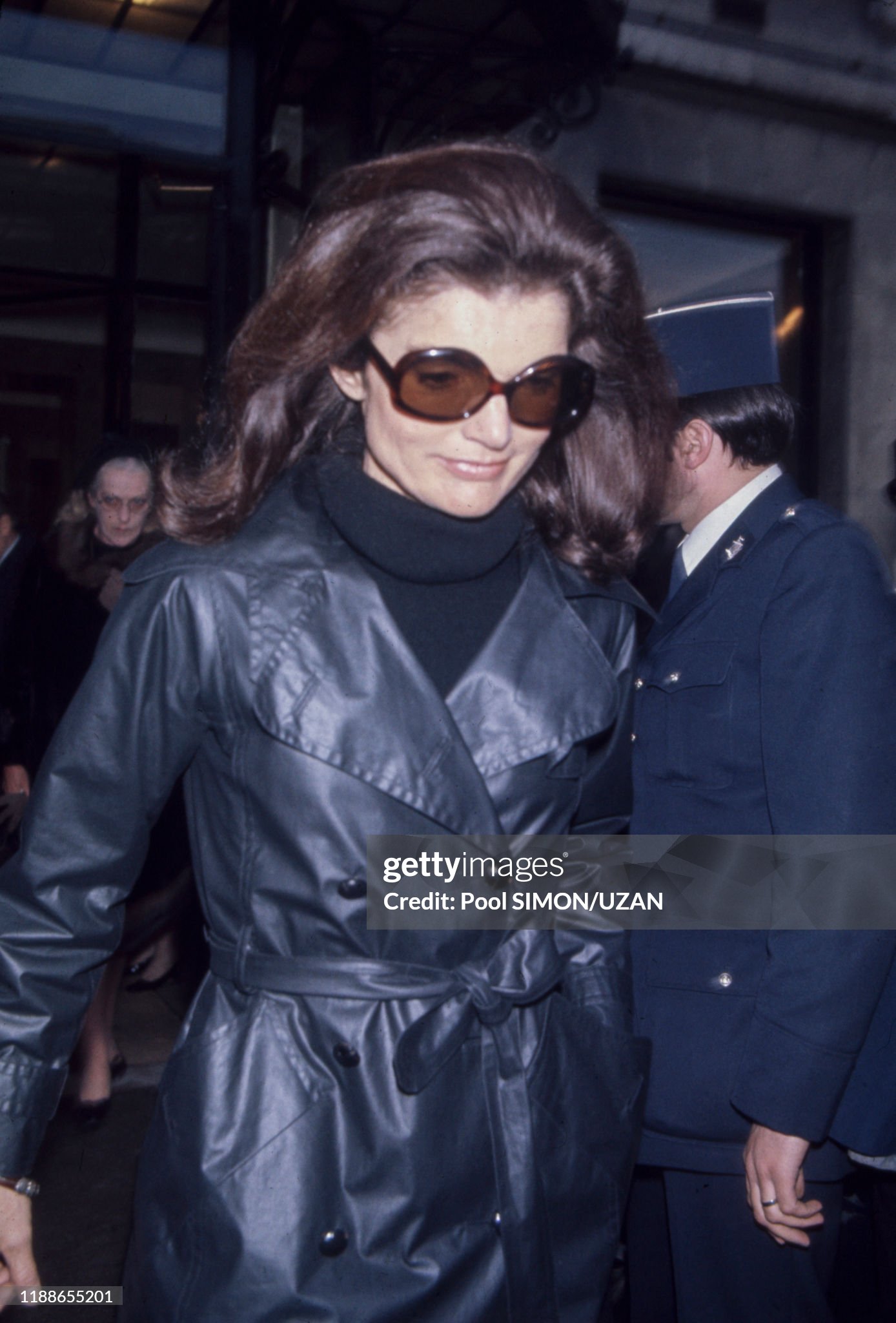 Jackie Kennedy returns to her Parisian home on Avenue Foch after the funeral of her husband Aristotle Onassis in Paris on 18 March 1975.