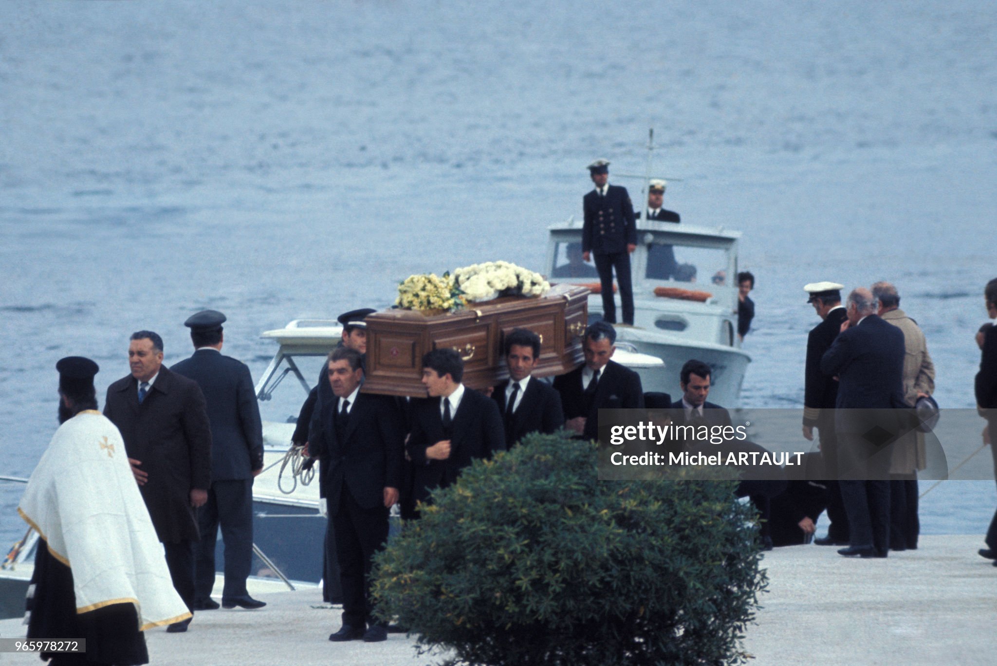Funerals of Aristotle Onassis on the island of Skorpios on March 18, 1975 in Greece. 