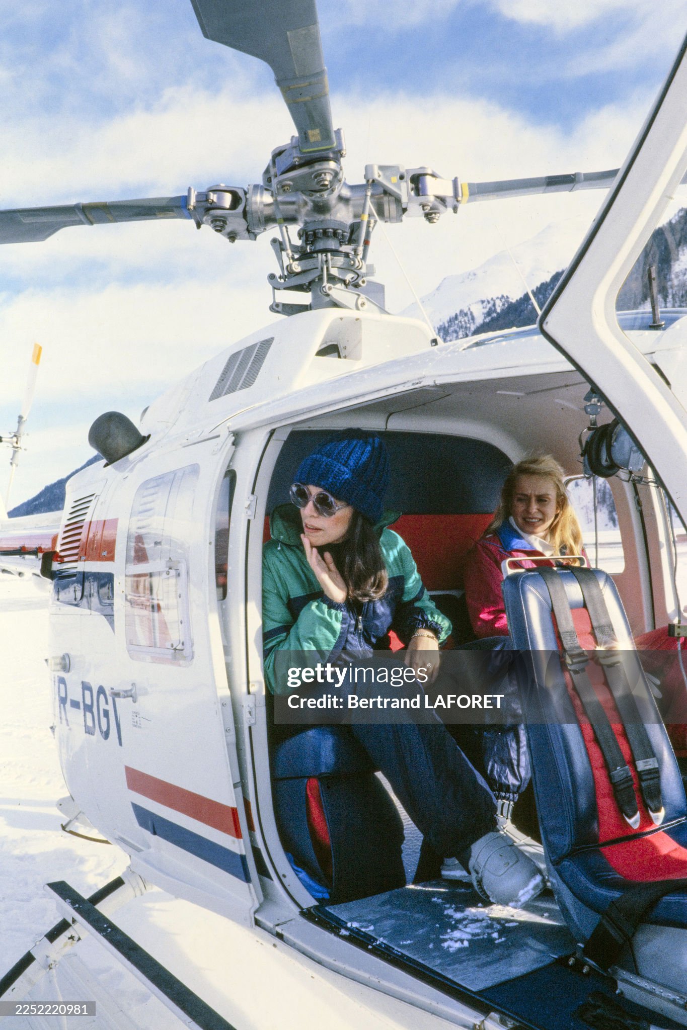 Christina Onassis aboard a helicopter during her ski vacation in St. Moritz in January 1978. 