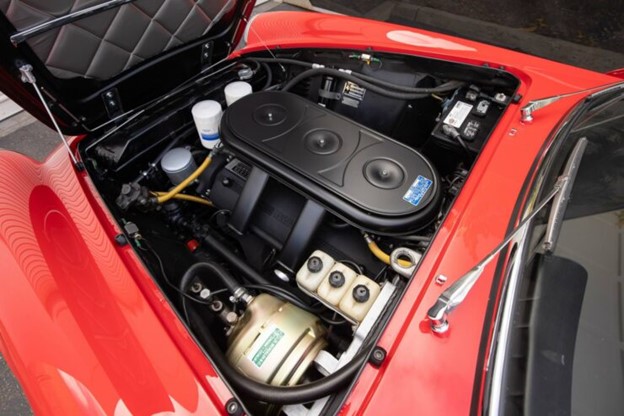 This is the 4.0 liter version of the Colombo V12. It has an aluminum block and heads, a single overhead cam per bank operating two valves per cylinder and it produces 300 bhp at 7,000 rpm – a significant figure for the time.