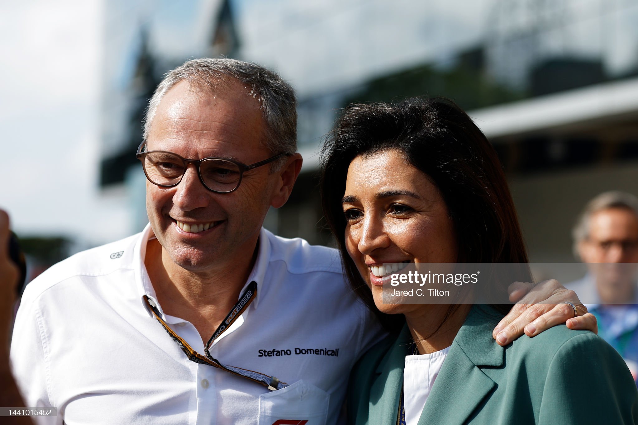 Stefano Domenicali, CEO of the Formula One Group and Fabiana Ecclestone look on from the grid during the Sprint ahead of the F1 Grand Prix.