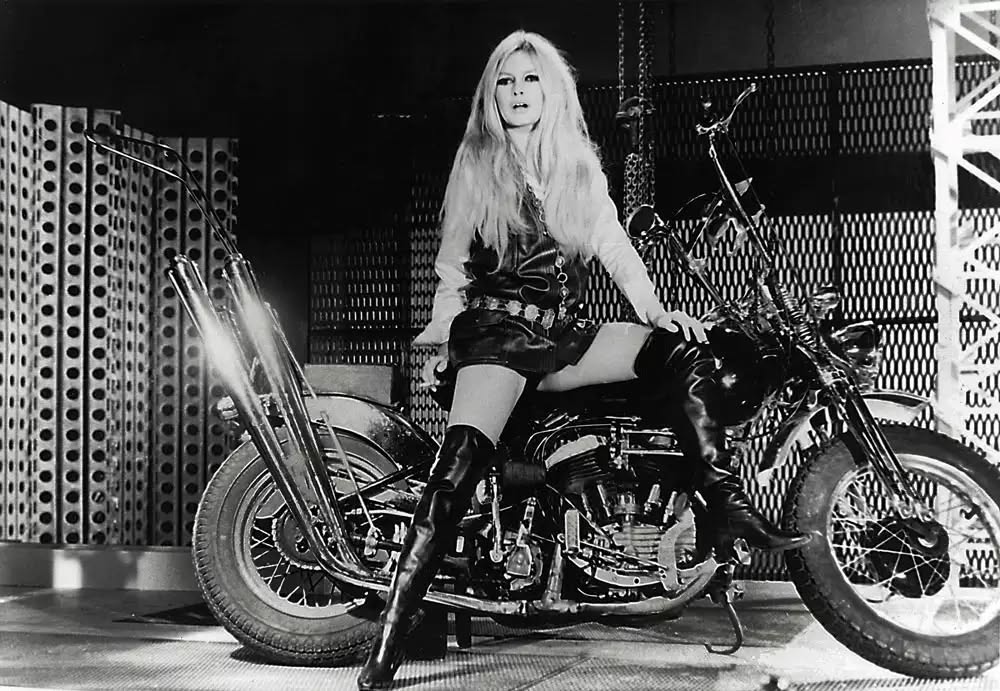 Brigitte Bardot and an Harley Davidson during a music video on 31 December 1967.