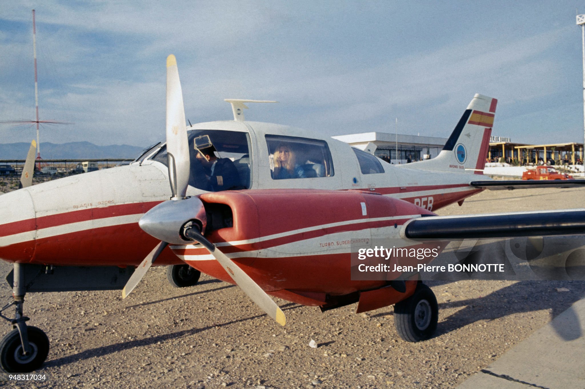 Brigitte Bardot in a small plane during the filming of 'Shalako' in Spain in 1968. 
