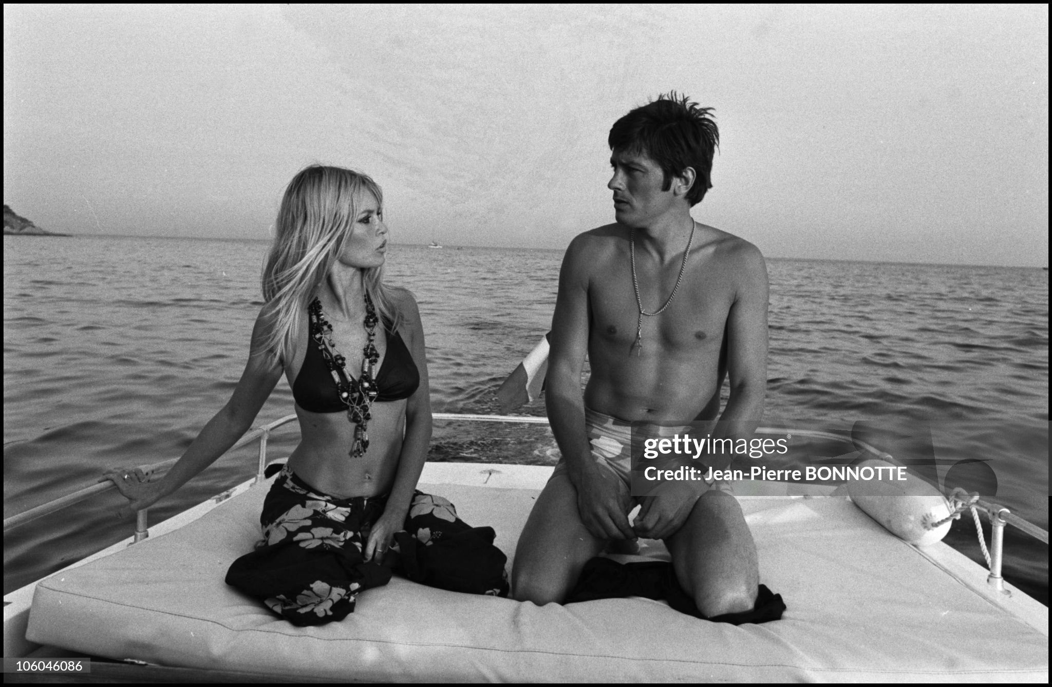 Brigitte Bardot and Alain Delon on a boat off the coast of Saint-Tropez on 01 August 1968. 