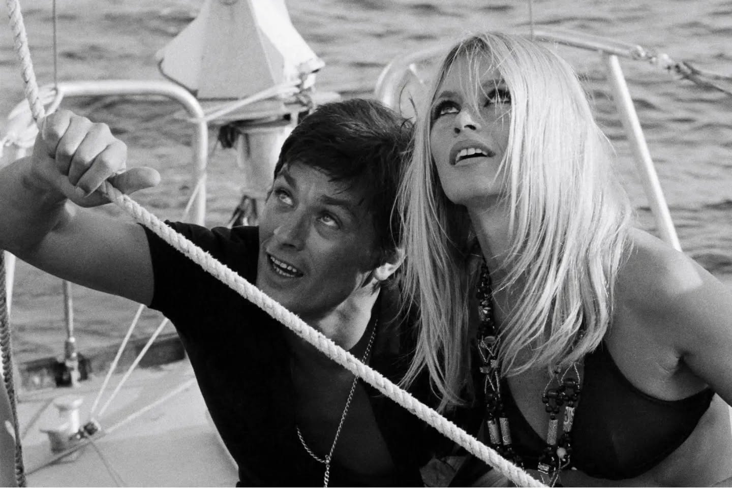Brigitte Bardot and Alain Delon on a boat off the coast of Saint-Tropez on 01 August 1968.
