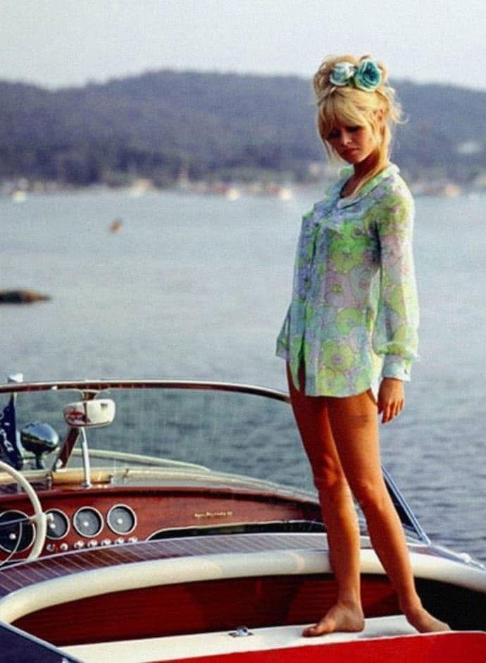 Brigitte Bardot on a Riva Florida speedboat in 1963.