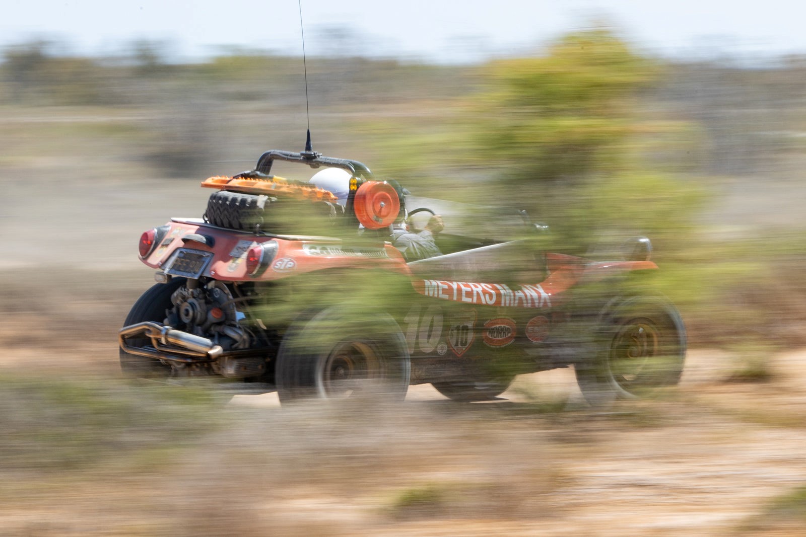 Jim Chamberlain and Jagger Meyers cruising towards the coast of the Baja Peninsula in their freshly built buggy powered by an air cooled Volkswagen motor fitted with Remastered Sidewinder Exhaust.