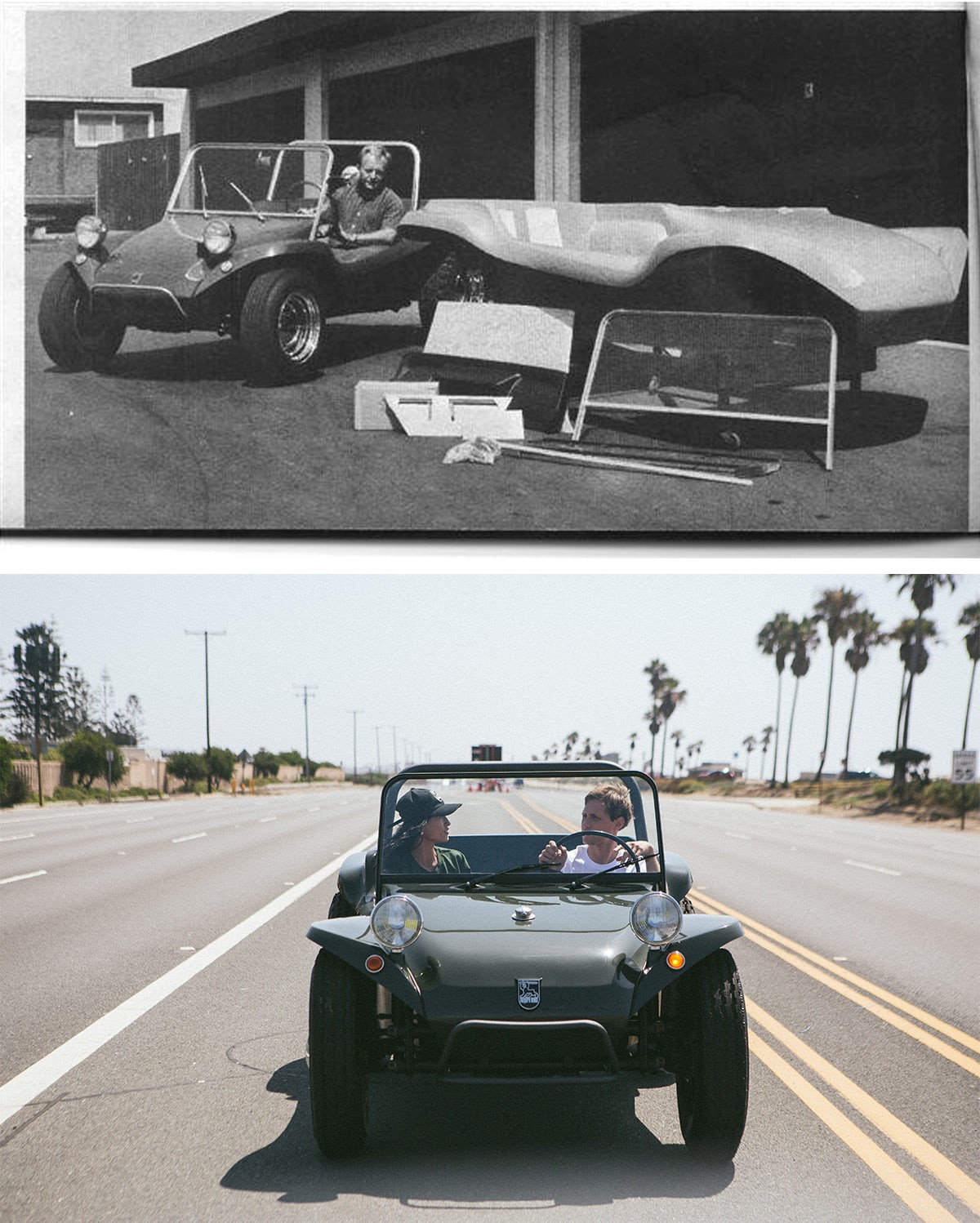 Top Image: Bruce Meyers at Newport Laminates, showcasing his self-assembly dune buggy kit, 1968. Bottom Image: Meyers Manx Classic Buggy cruising PCH, fiberglass body produced at Newport Laminates, 2022.