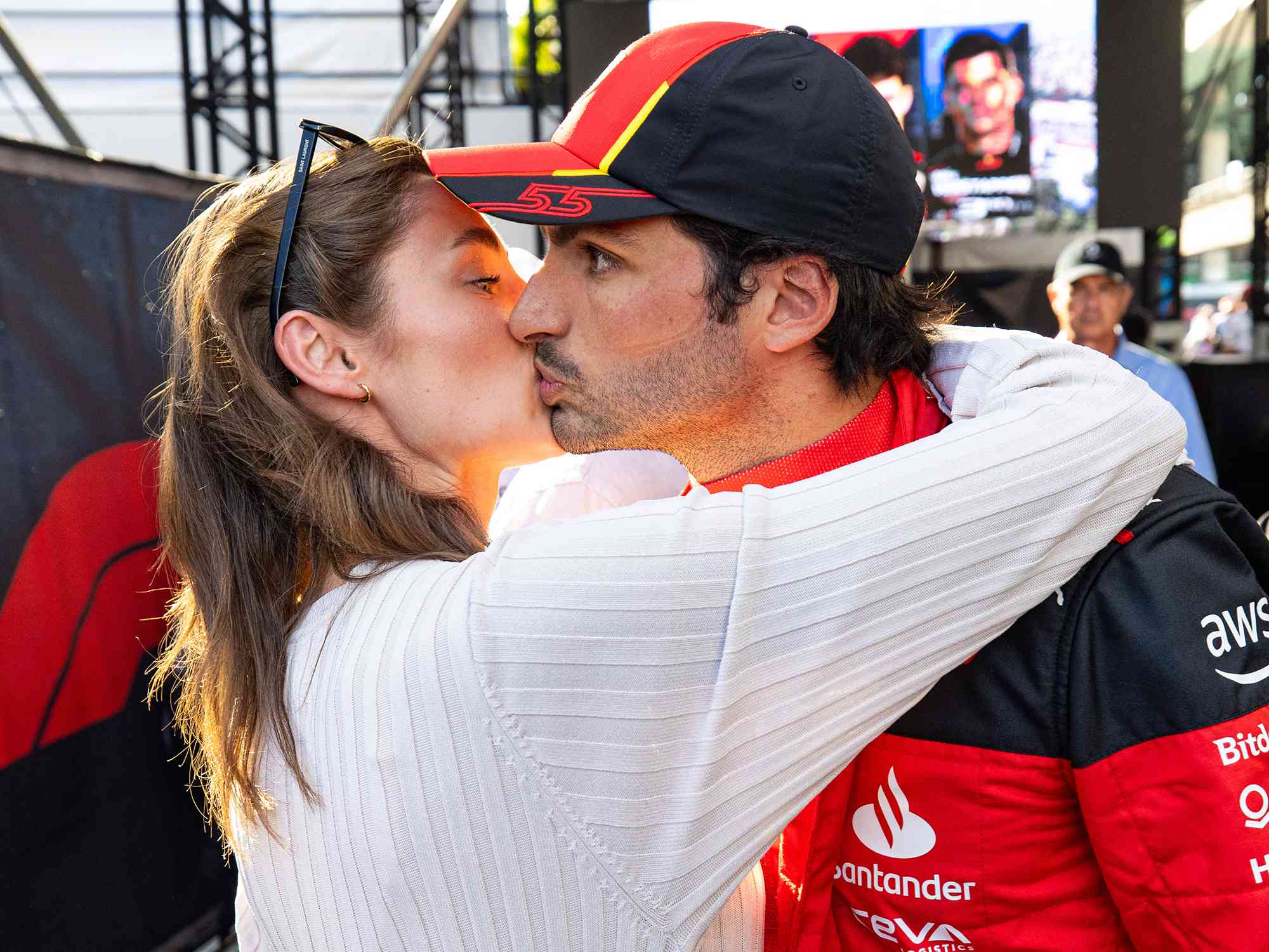 Carlos Sainz and Rebecca Donaldson after qualifying ahead of the F1 Grand Prix of Mexico at Autodromo Hermanos Rodriguez on October 28, 2023.