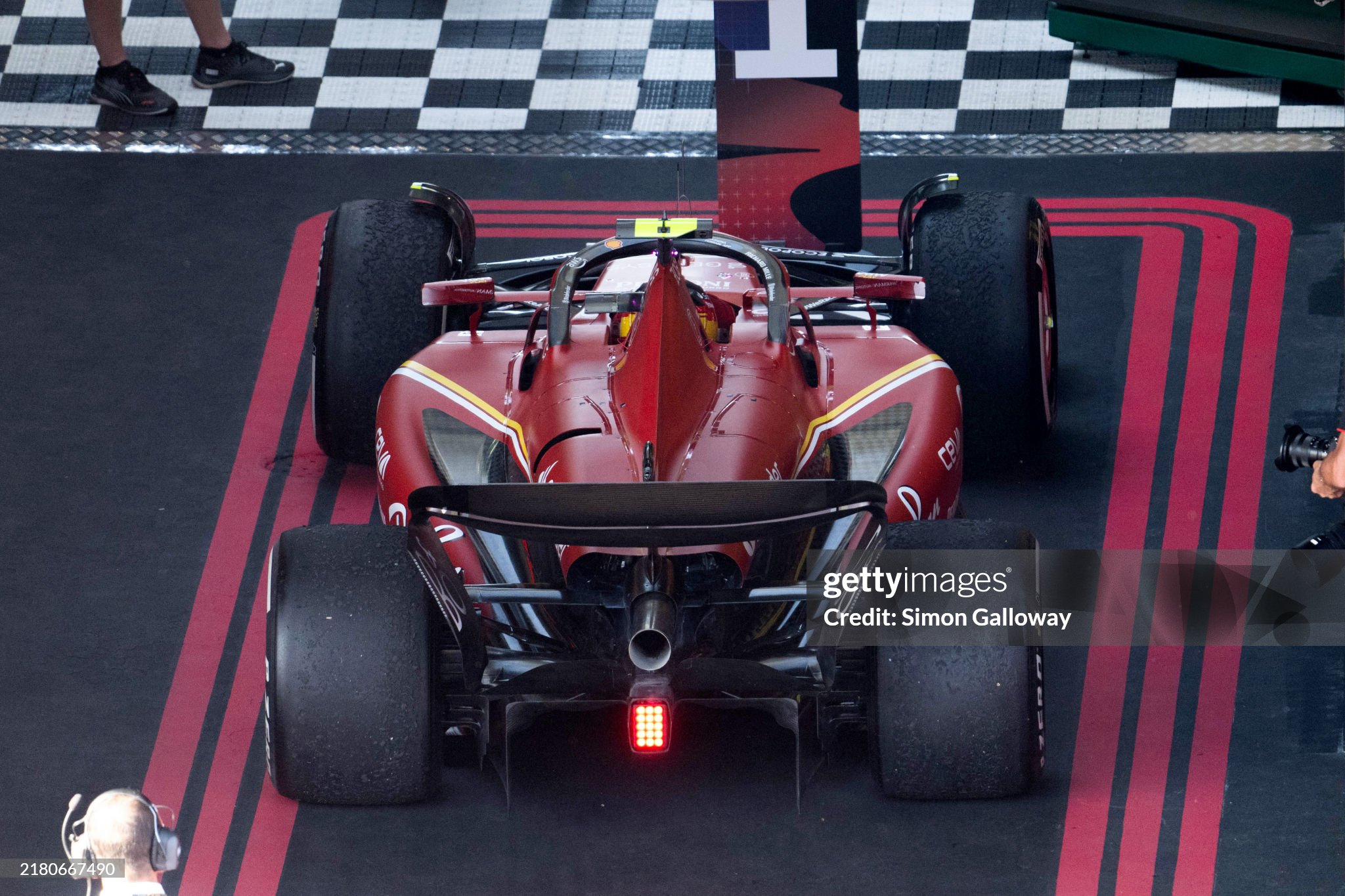 Carlos Sainz’s Ferrari SF-24 in Parc Ferme after the Australian Grand Prix at Melbourne Grand Prix Circuit on Sunday March 24, 2024. 