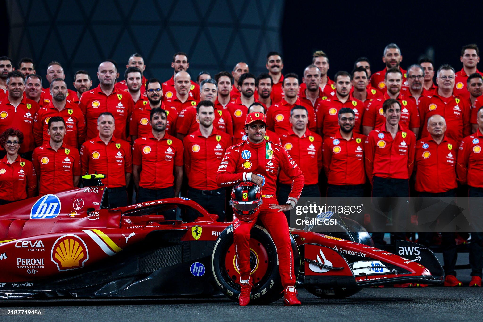 Carlos Sainz of Spain and Ferrari poses for the end of the season photo during the previews of the F1 Grand Prix of Abu Dhabi at Yas Marina Circuit on December 05, 2024. 