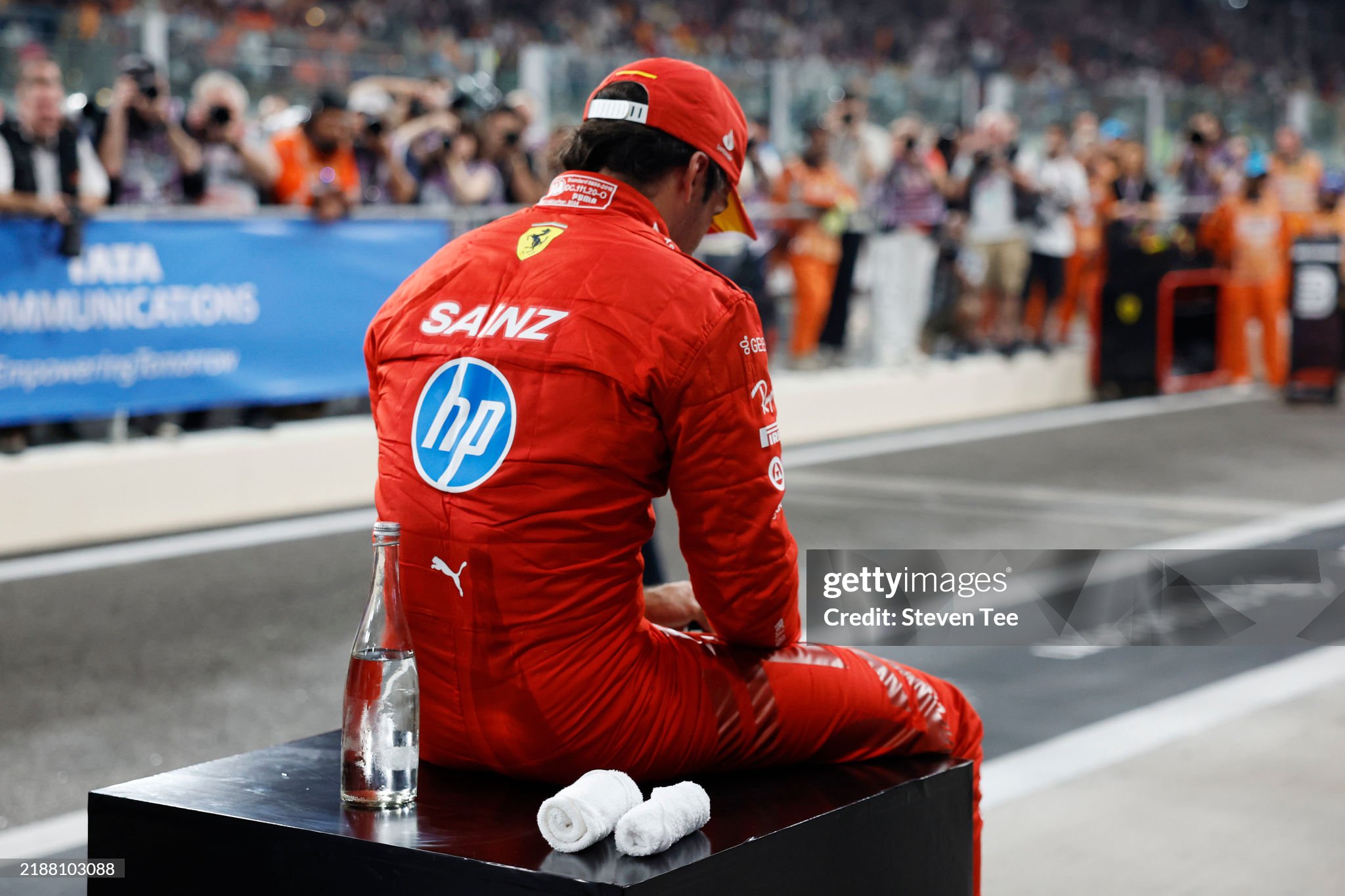 Carlos Sainz, Scuderia Ferrari, in parc ferme after qualifying for the F1 Grand Prix of Abu Dhabi on December 07, 2024. 