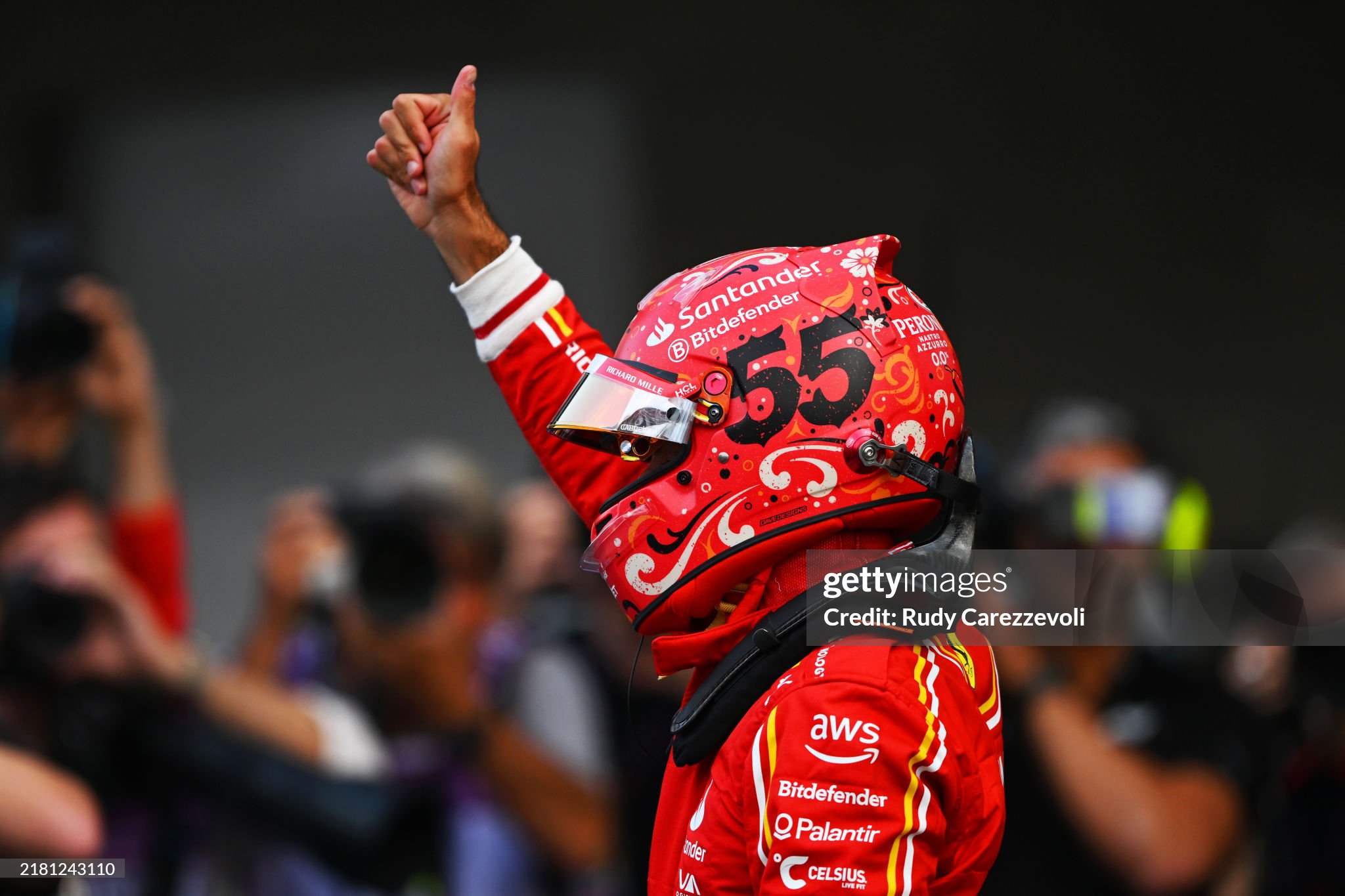 Pole position qualifier Carlos Sainz celebrates in Parc Ferme during qualifying ahead of the F1 Grand Prix of Mexico at Autodromo Hermanos Rodriguez in Mexico City, Mexico, on October 26, 2024. 