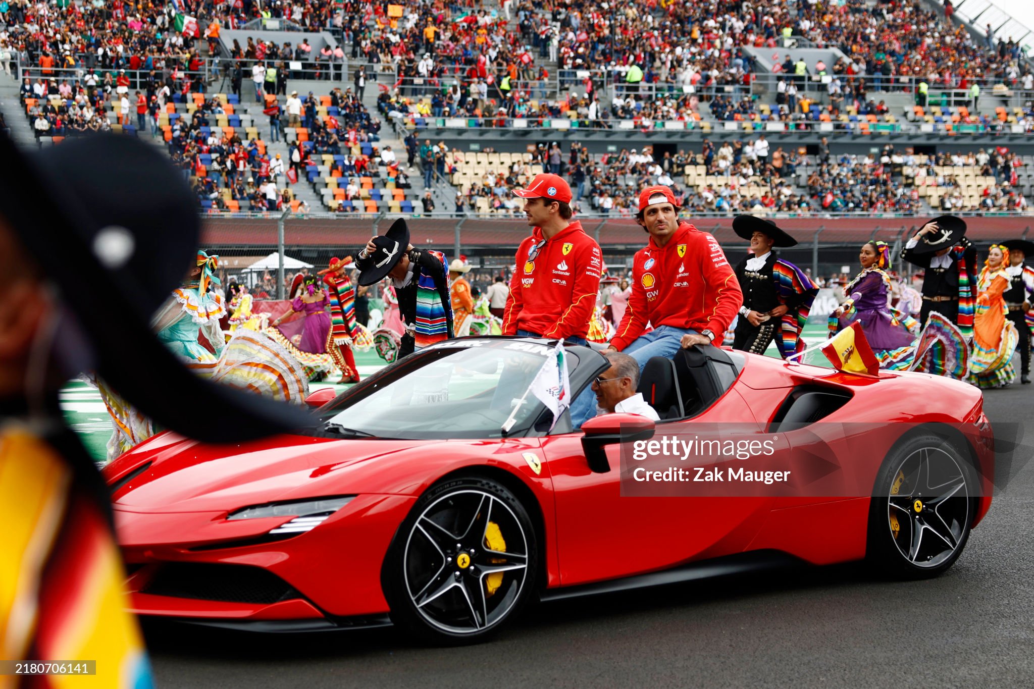 Charles Leclerc and Carlos Sainz during the drivers parade prior to F1 Grand Prix of Mexico at Autodromo Hermanos Rodriguez in Mexico City, Mexico, on October 27, 2024. 