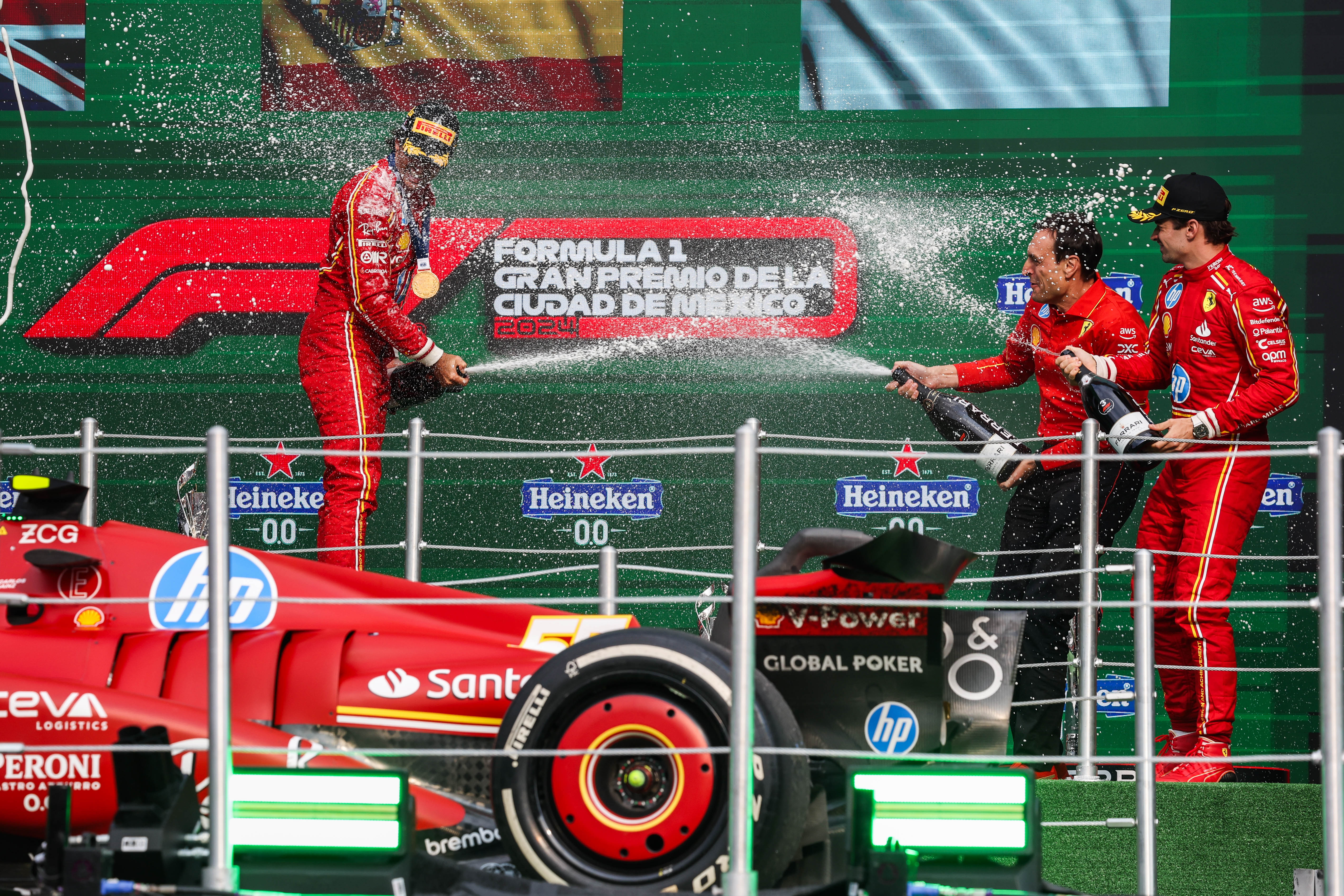 Carlos Sainz and Charles Leclerc on the podium at the Mexican Grand Prix on October 27, 2024. 