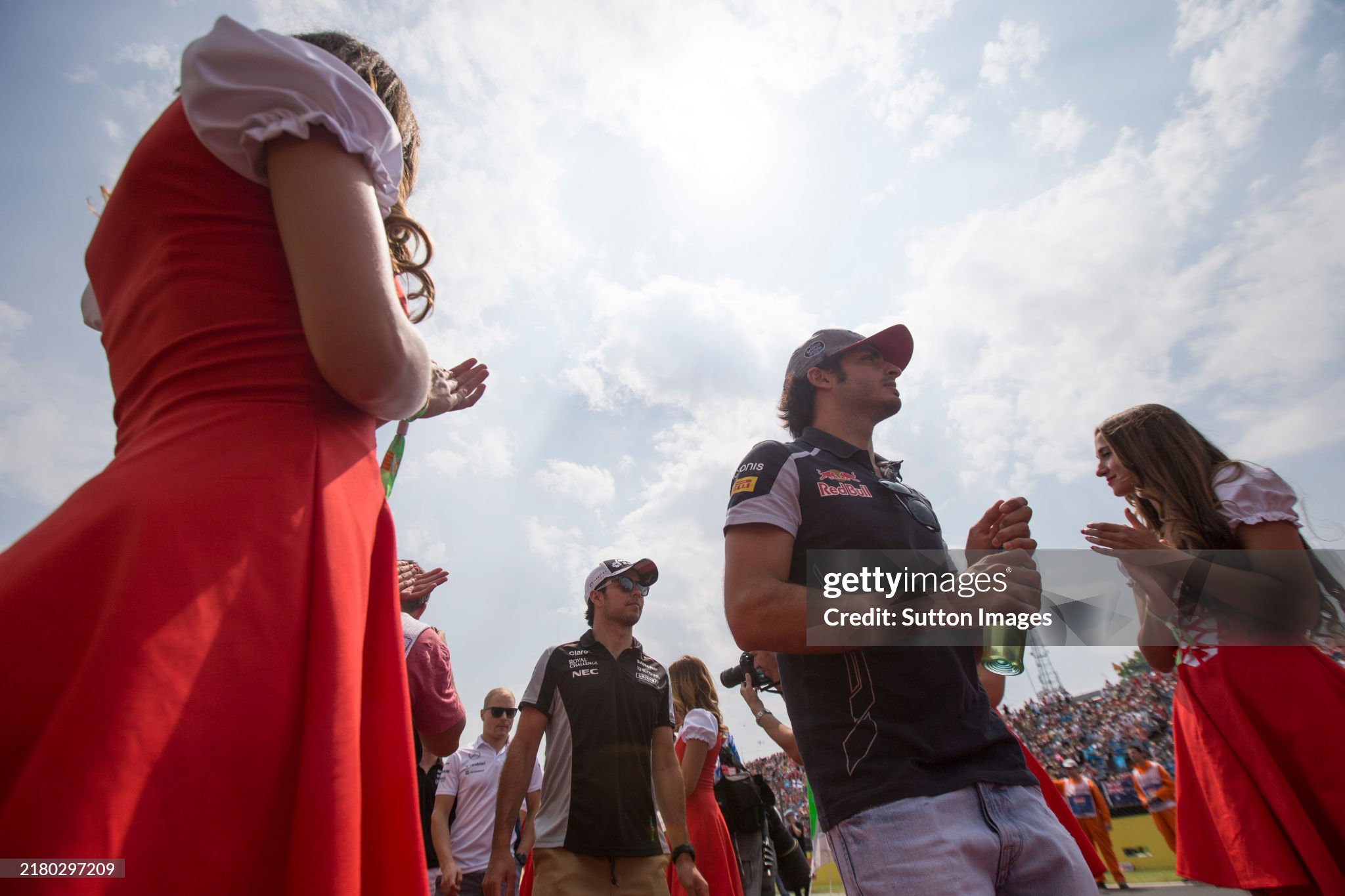 Carlos Sainz jr, Toro Rosso and Sergio Perez, Force India, at the drivers parade at Hungarian Grand Prix, at Hungaroring, Hungary, on Sunday 24 July 2016. 