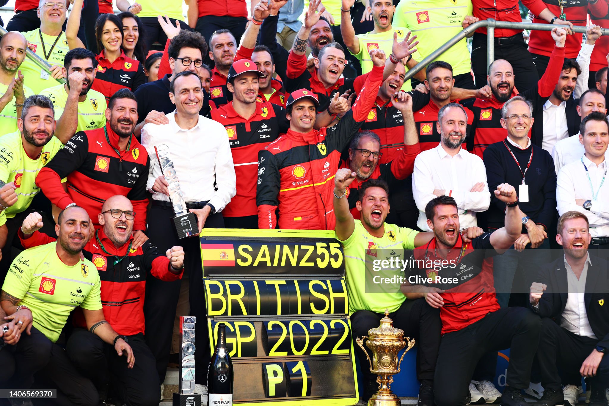 Race winner Carlos Sainz of Spain and Ferrari celebrates with his team after the F1 Grand Prix of Great Britain at Silverstone on July 03, 2022. 