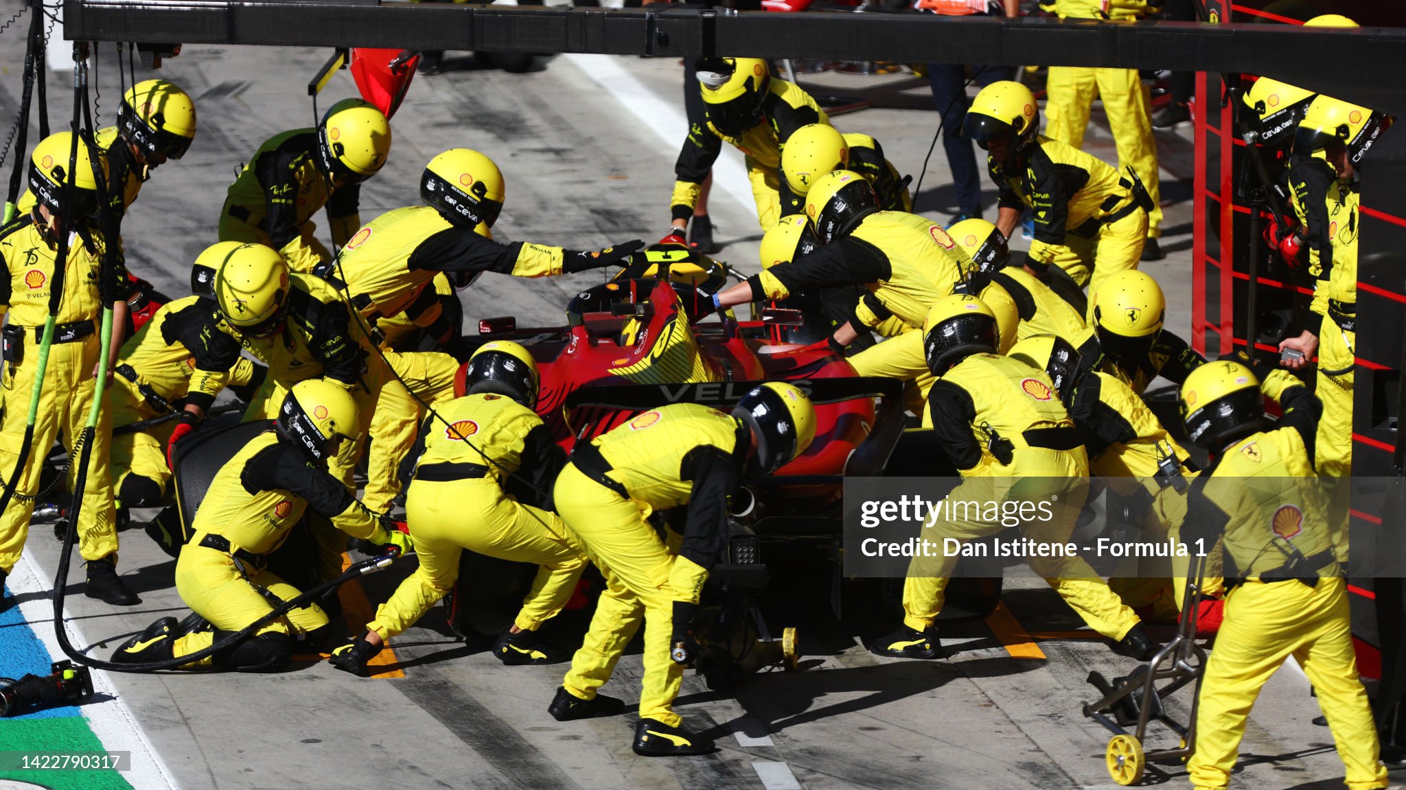 Carlos Sainz of Spain driving the Ferrari F1-75 makes a pitstop during the F1 Grand Prix of Italy at Autodromo Nazionale of Monza on September 11, 2022. 