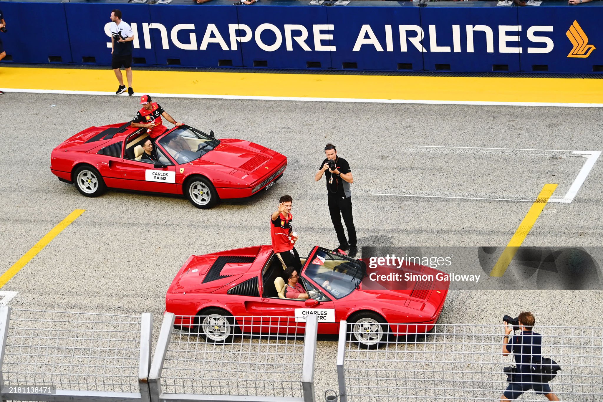 Charles Leclerc and Carlos Sainz at the drivers parade during the Singapore Grand Prix at Marina Bay Street Circuit on Sunday October 02, 2022. 