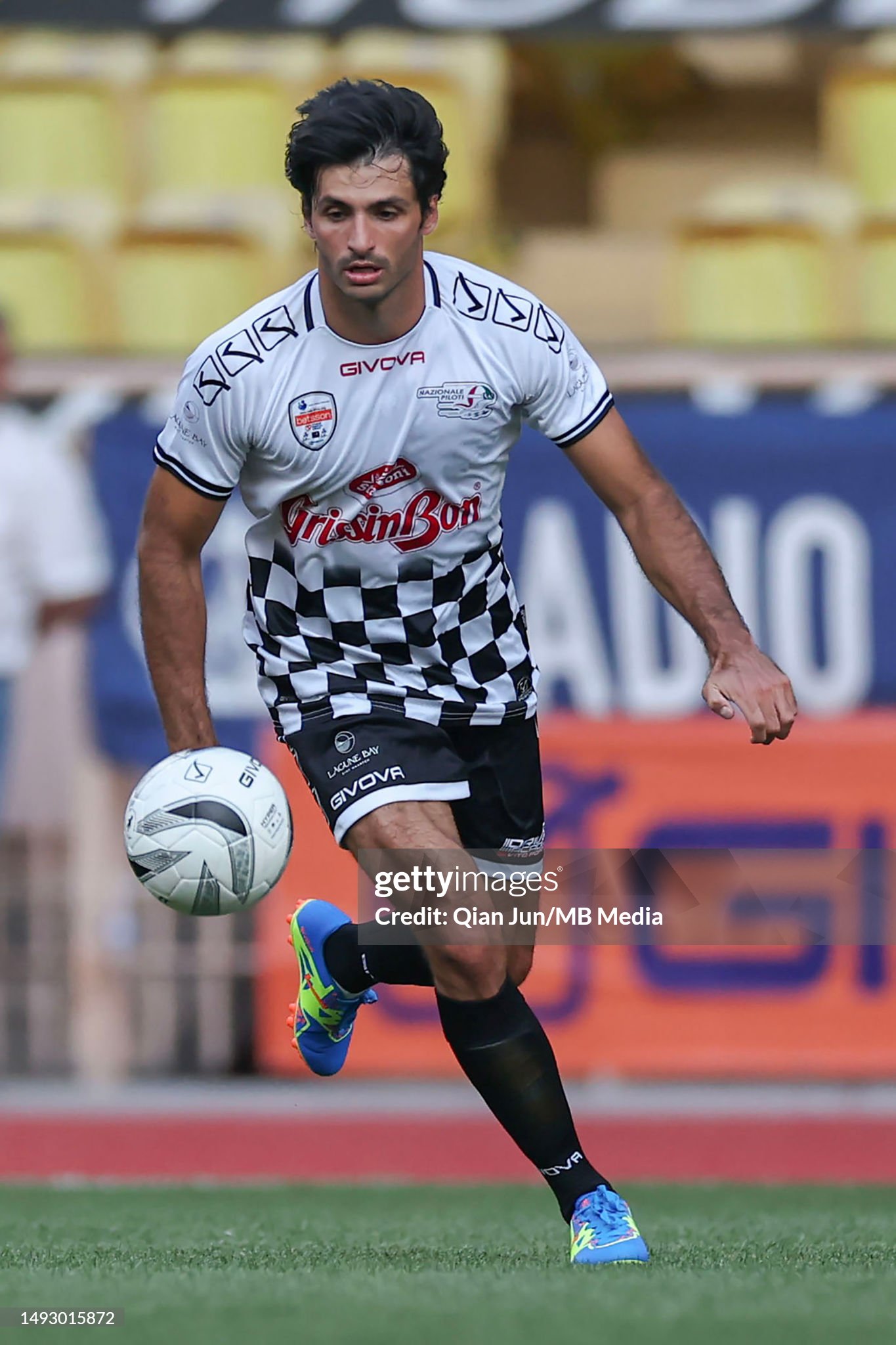 Carlos Sainz Jr in action in the World stars football match at Stade Louis II on May 24, 2023 in Monaco. 