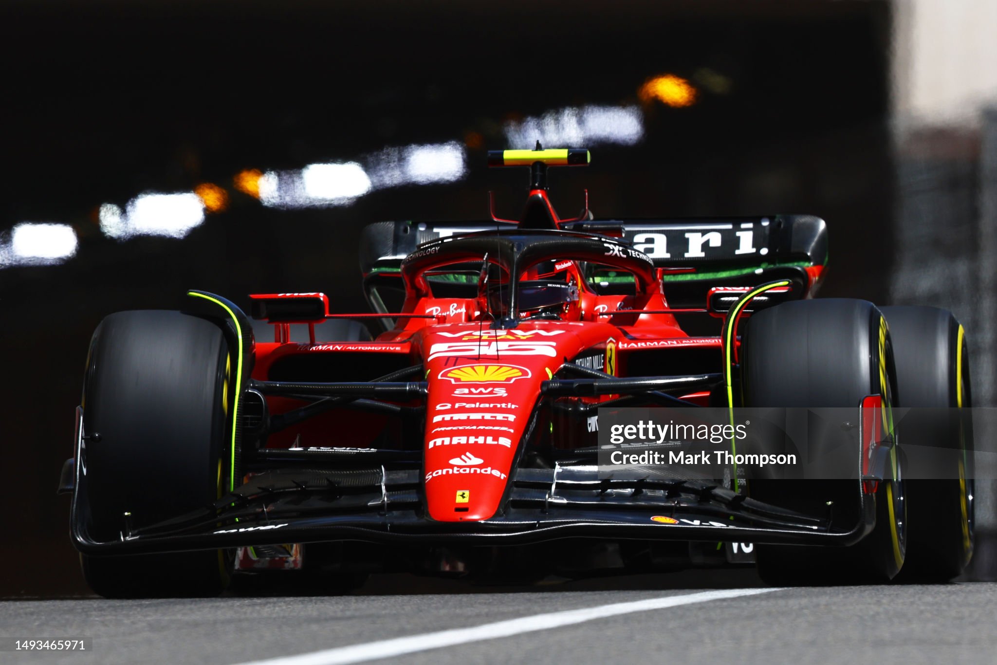 Sparks fly behind Carlos Sainz driving the Ferrari SF-23 during practice ahead of the F1 Grand Prix of Monaco on May 26, 2023 in Monte-Carlo, Monaco.