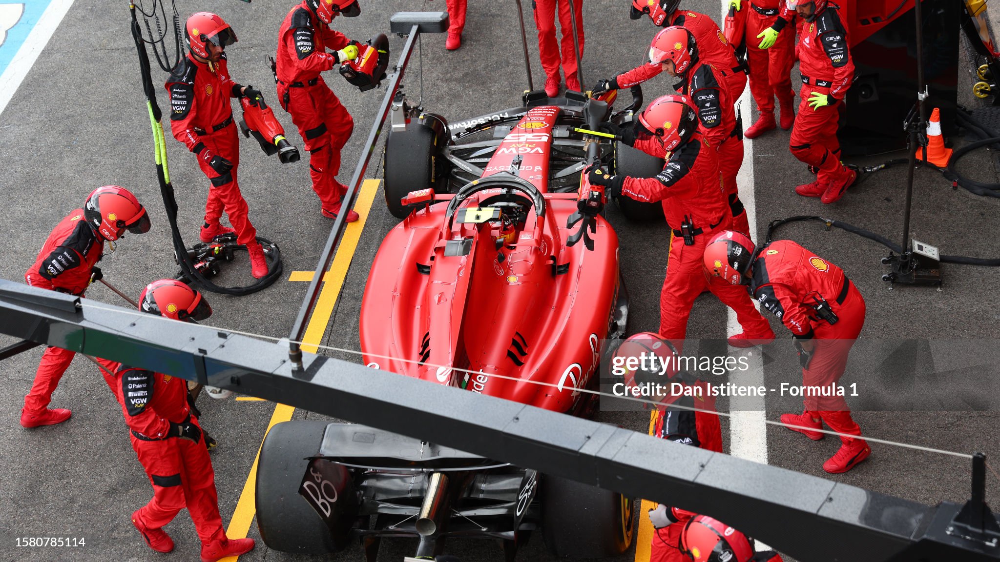 Carlos Sainz of Spain driving the Ferrari SF-23 makes a pitstop during the F1 Grand Prix of Belgium at Circuit de Spa-Francorchamps on July 30, 2023. 