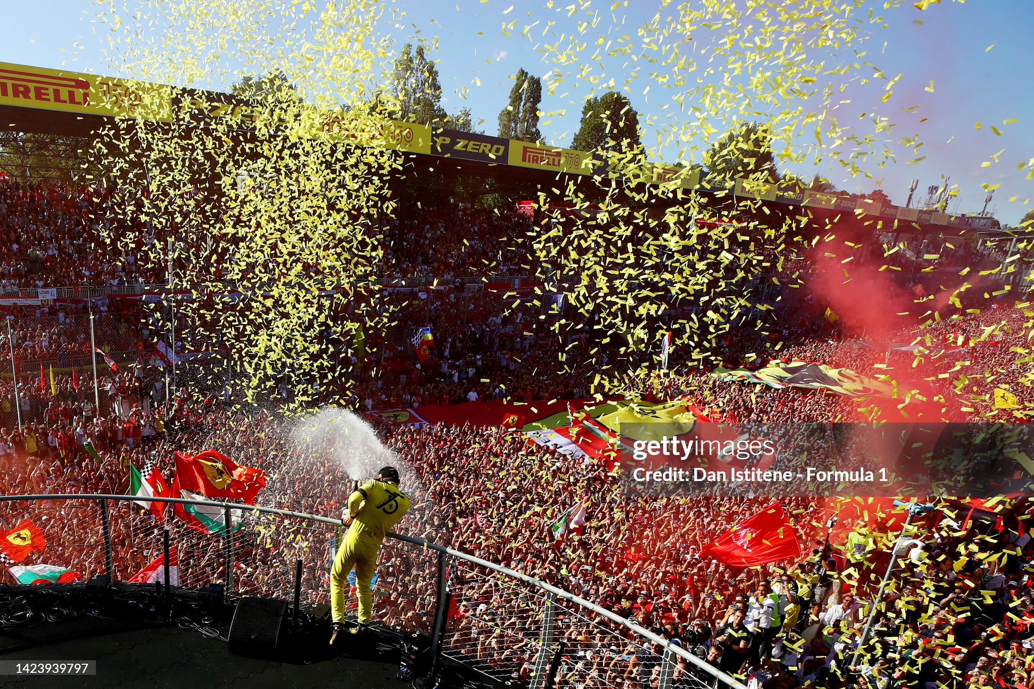 Second placed Charles Leclerc celebrates on the podium after the F1 Grand Prix of Italy at Autodromo Nazionale Monza on September 11, 2022. 