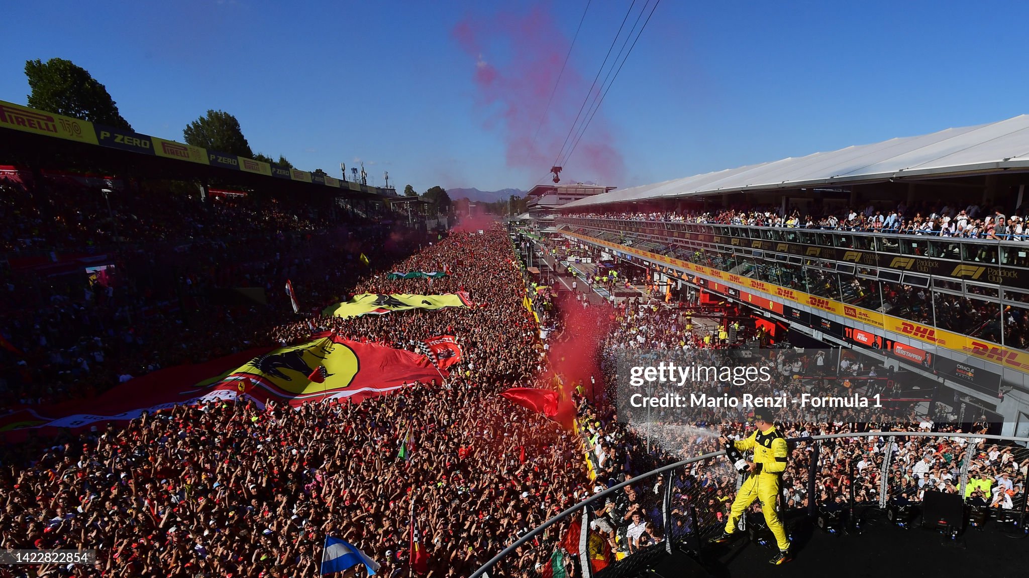 Second placed Charles Leclerc celebrates on the podium after the F1 Grand Prix of Italy at Autodromo Nazionale Monza on September 11, 2022. 