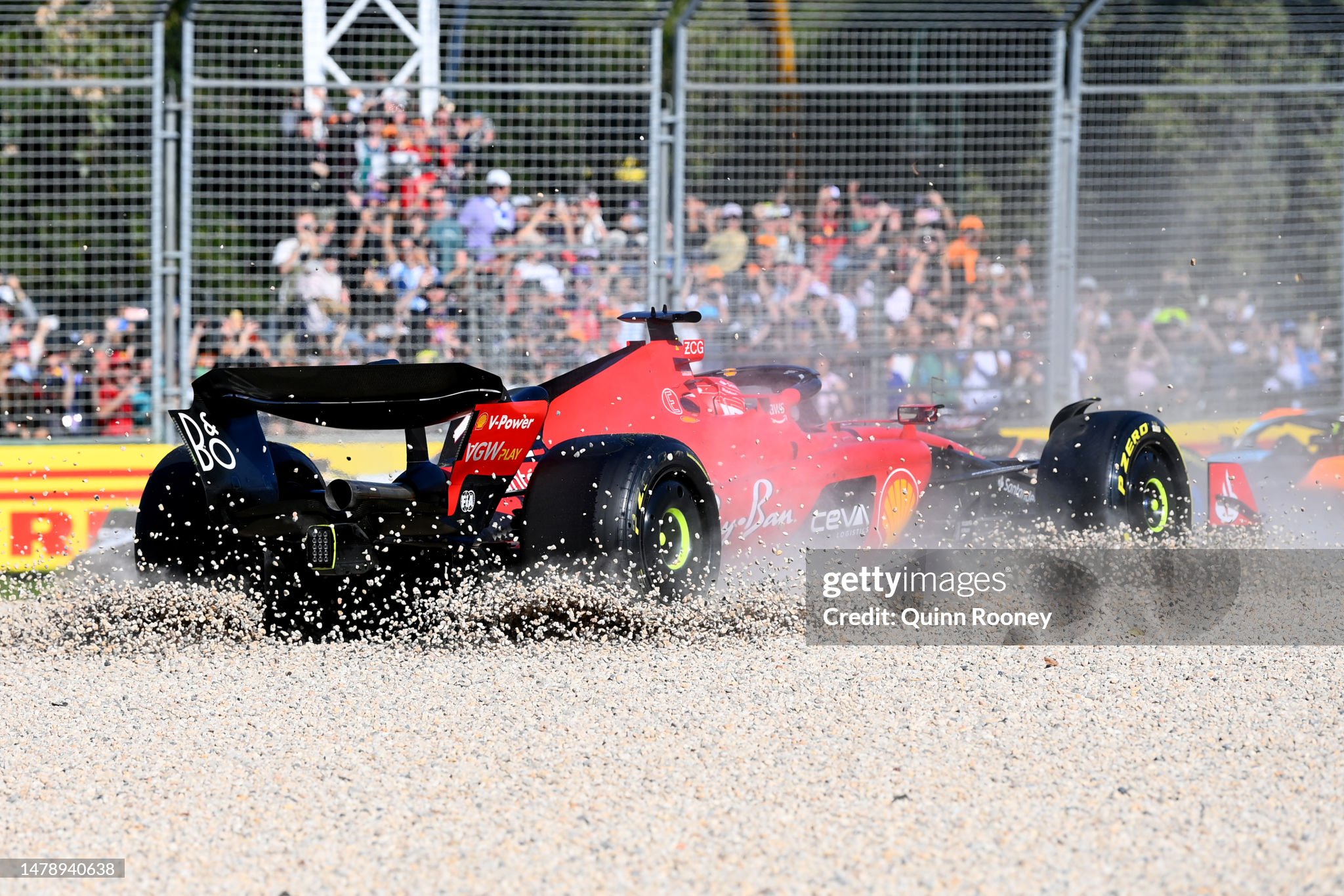 Charles Leclerc, driving the Ferrari SF-23, gets stuck in a gravel trap during the F1 Grand Prix of Australia at Albert Park Grand Prix Circuit on 02 April 2023, in Melbourne.