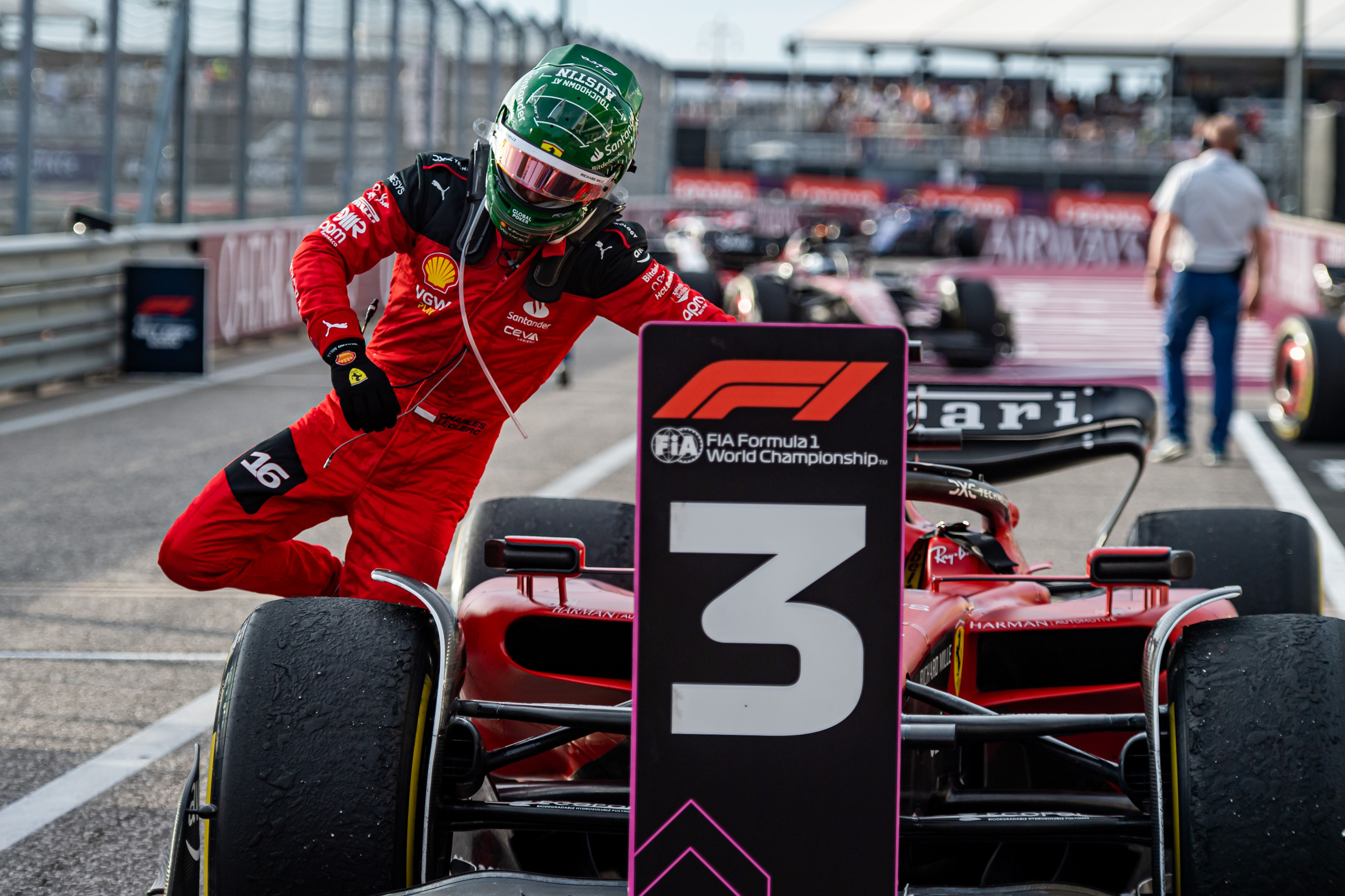 Charles Leclerc’s helmet for 100 Grands Prix with Ferrari at the 2023 US Grand Prix in Austin. 