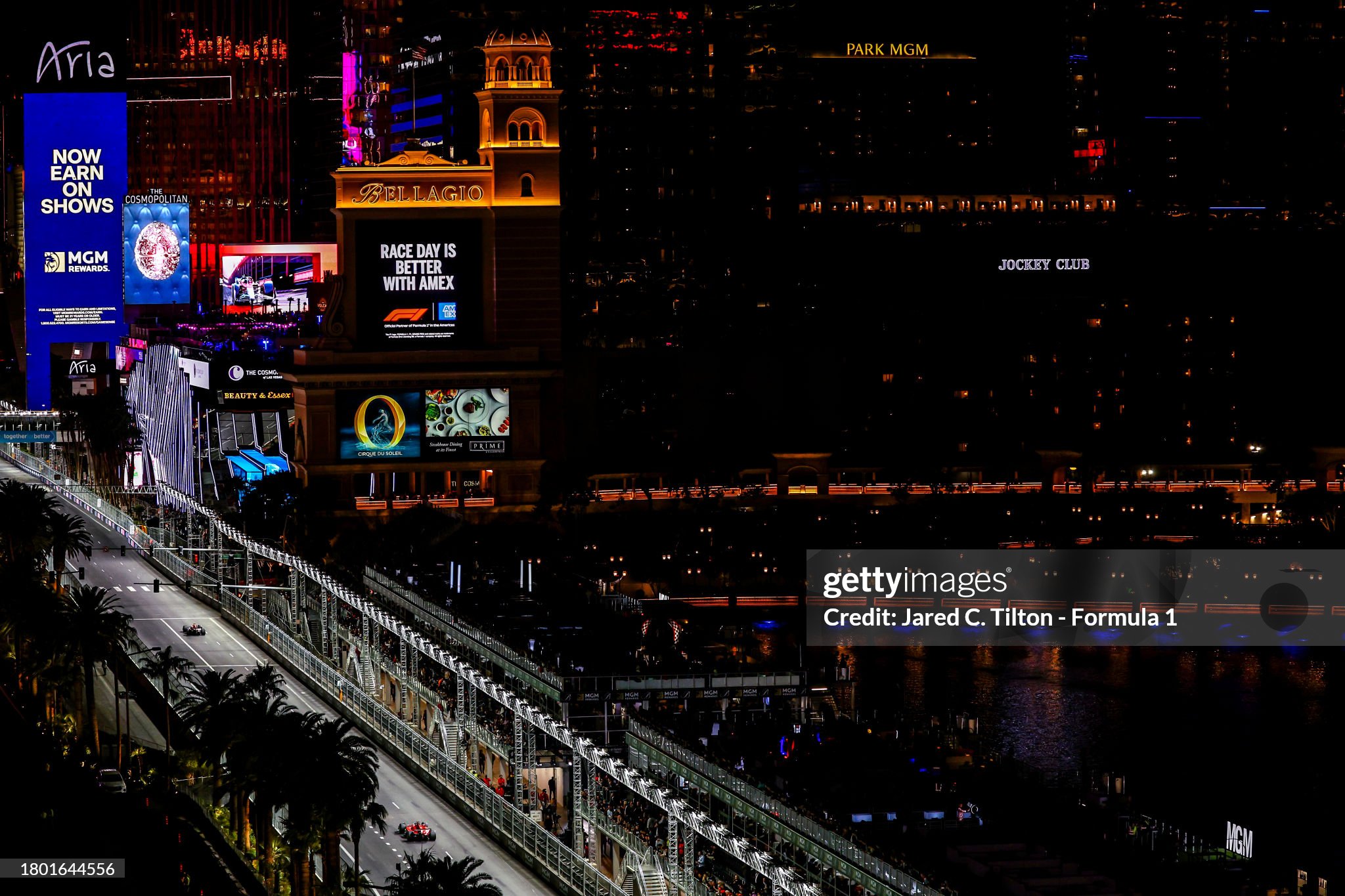 Max Verstappen driving the Red Bull Racing RB19 leads Charles Leclerc driving the Ferrari SF-23 as seen from the McLaren VISTA during the F1 Grand Prix of Las Vegas at Las Vegas Strip Circuit on 18 November 2023 in Las Vegas, Nevada. 