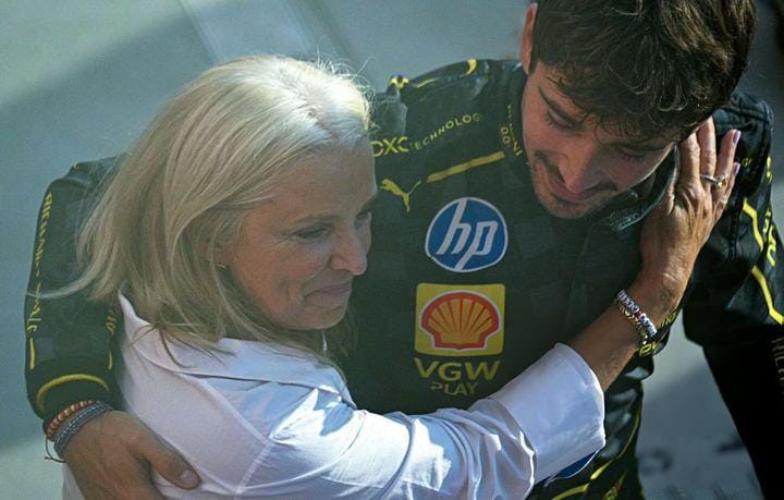 Charles Leclerc with his mother Pascale, who finally got to see the Monza 2024 win.